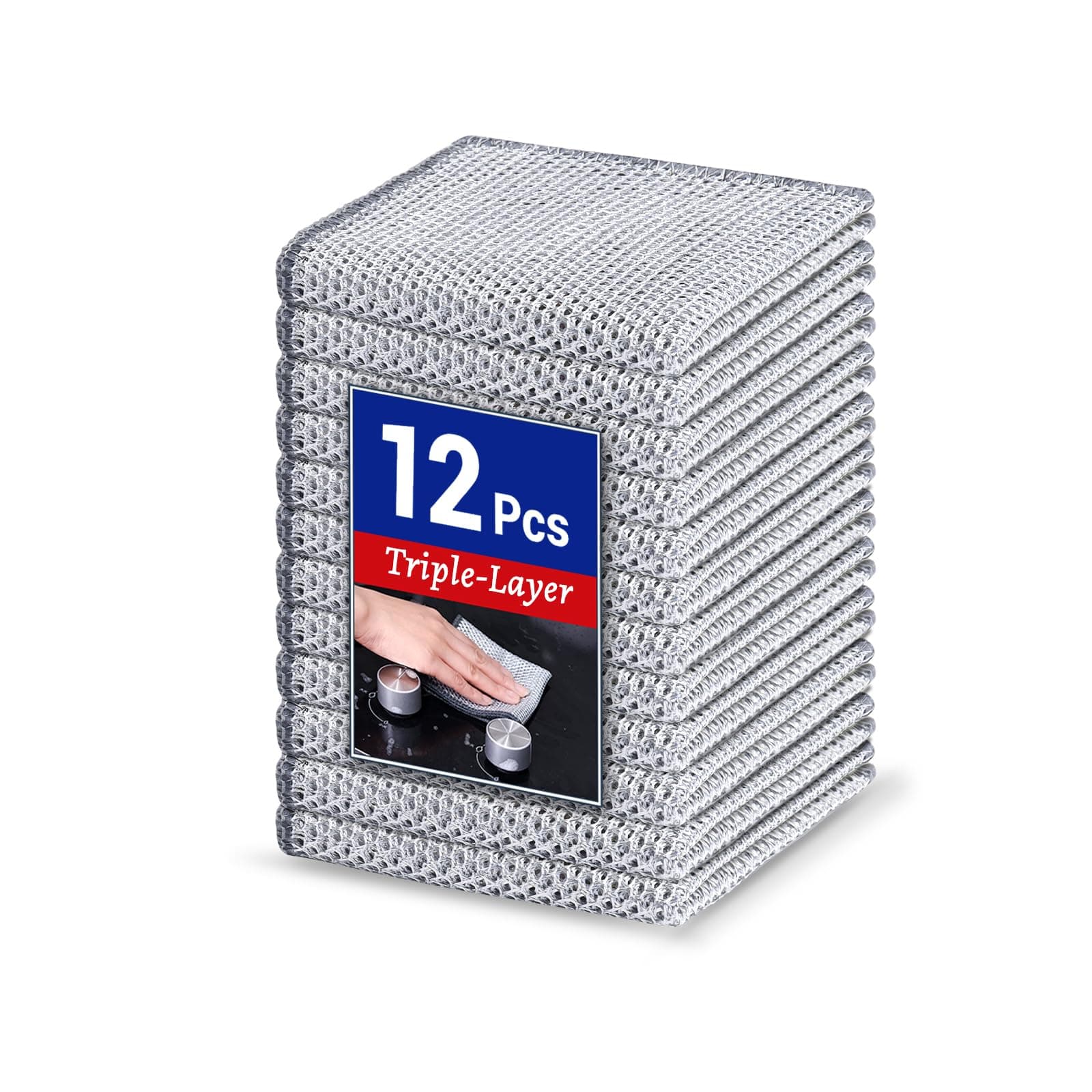 Wangjinpeng12 Pcs New Upgrade 3-Layer Metal Dish Cloths, Non-Scratch Odor-Free Multipurpose Wire Dishwashing Rags for Wet Dry Use, Kitchen Cleaning Cloths for Dishes, Sinks & Stove Tops(7.87X7.87)