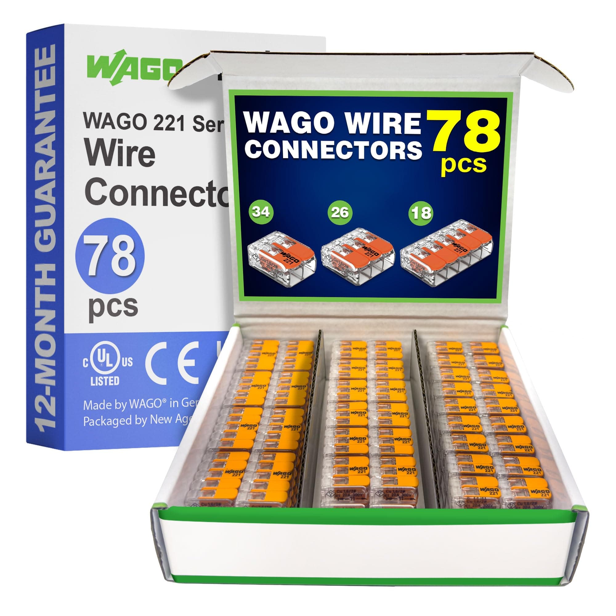 WAGO 221 Series 78pc Compact Splicing Wire Connectors | Includes (34x 221-412) (26x 221-413) (18x 221-415) | WAGO Wire Connectors | Electrical Splicing Lever Nuts | 221 Series Lever Nuts | 2-3-5 Ports