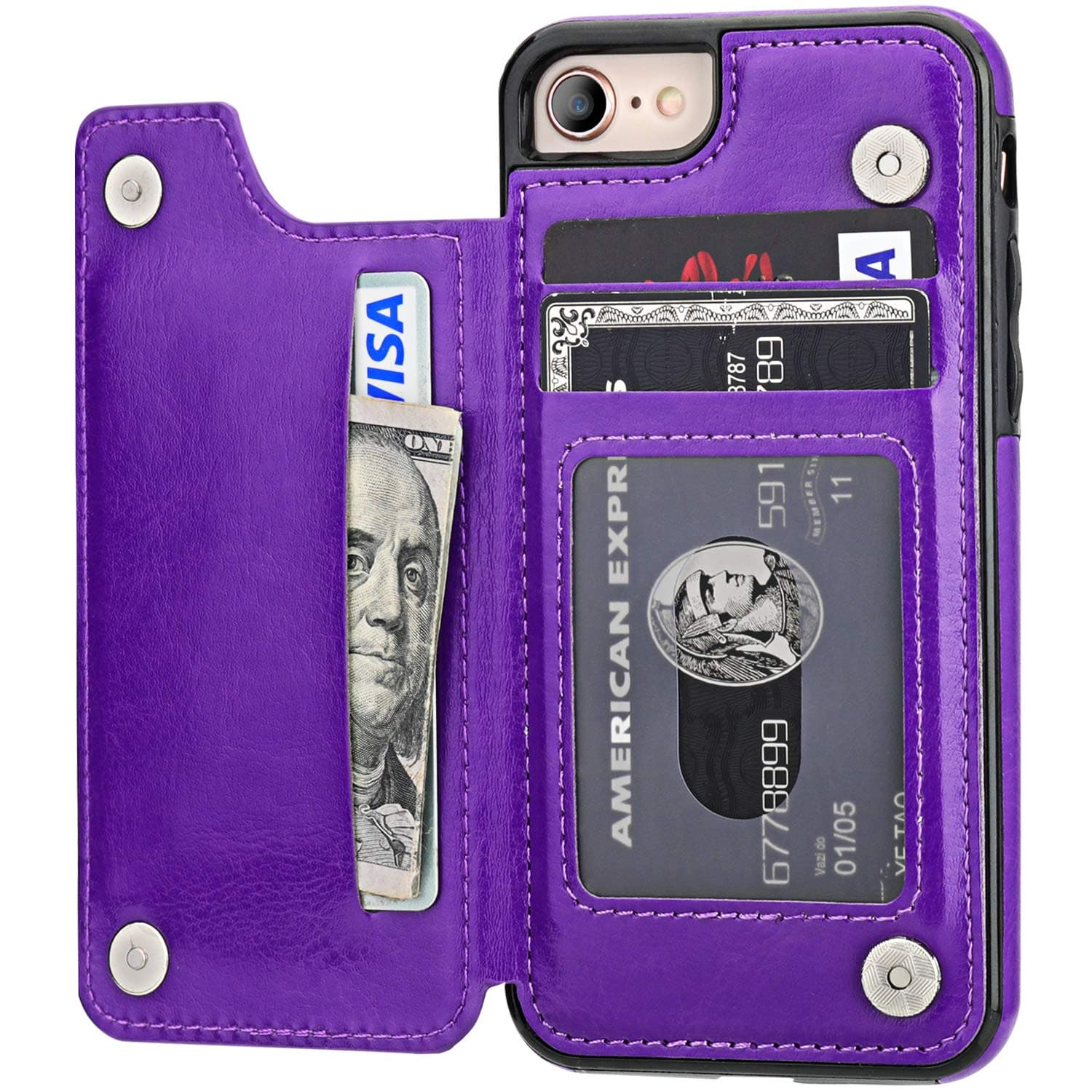 OT ONETOP iPhone 8 Wallet Case with Card Holder, iPhone 7 Case iPhone SE(2020) Wallet Premium PU Leather Kickstand Card Slots,Double Magnetic Clasp and Durable Shockproof Cover 4.7 Inch(Purple)