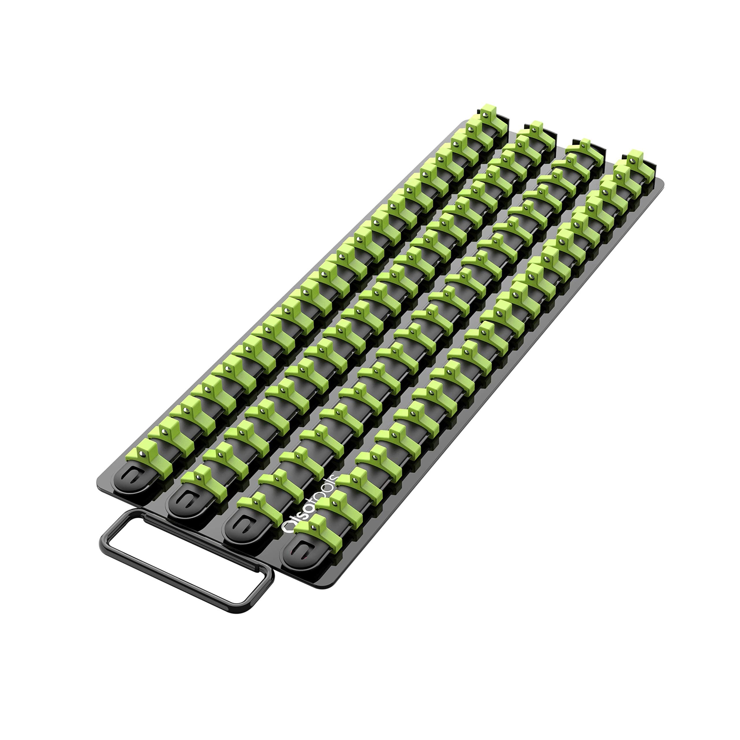 Olsa Tools Portable Socket Organizer Tray - Black Rails with Green Clips - Holds 80 Sockets - Professional Quality Socket Holder - Part 1024