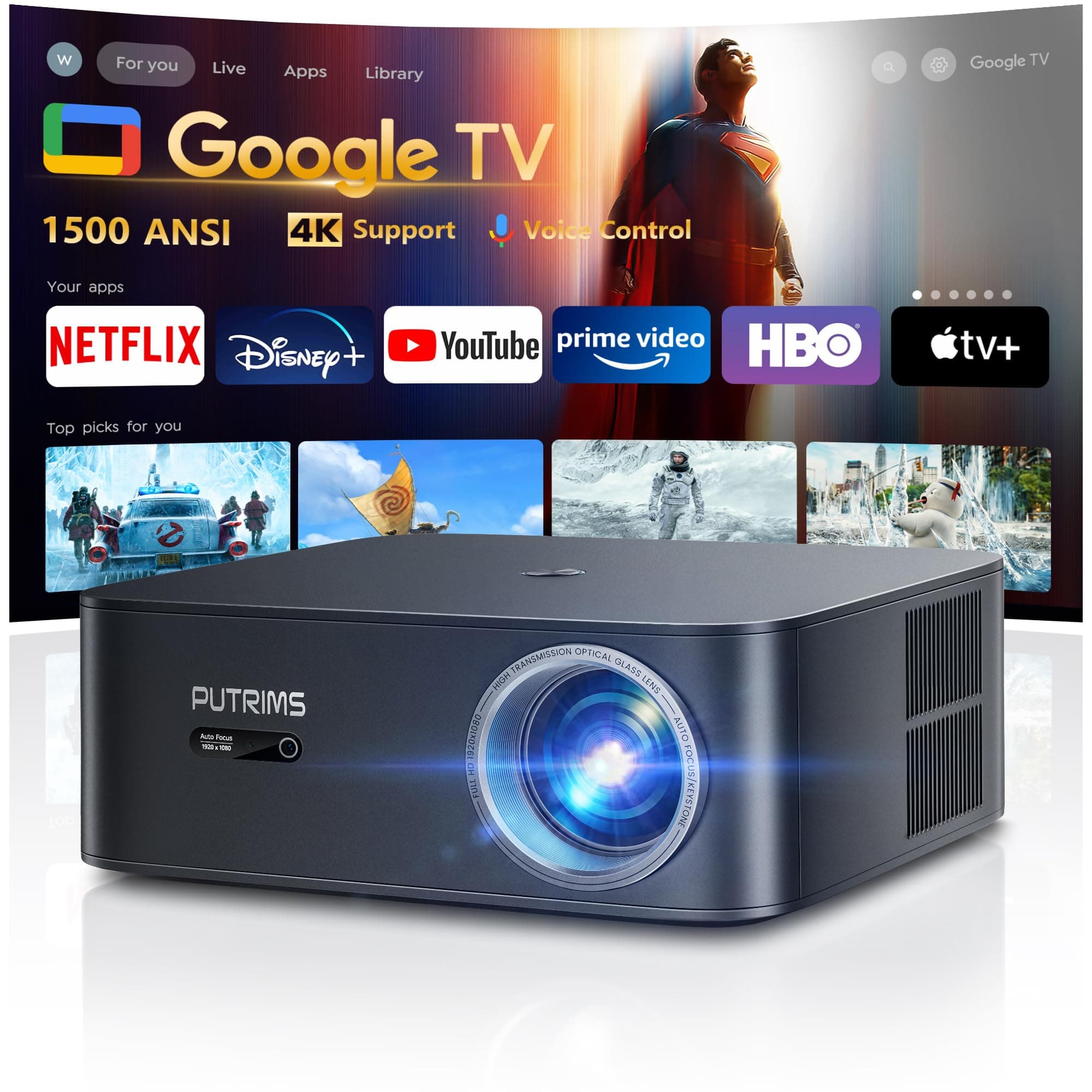 [1000 ANSI/Google TV] Smart Projector with WiFi 6 and Bluetooth, Support 4K Netflix Licensed, Outdoor Movie Projector, Ceiling Auto Focus Projector