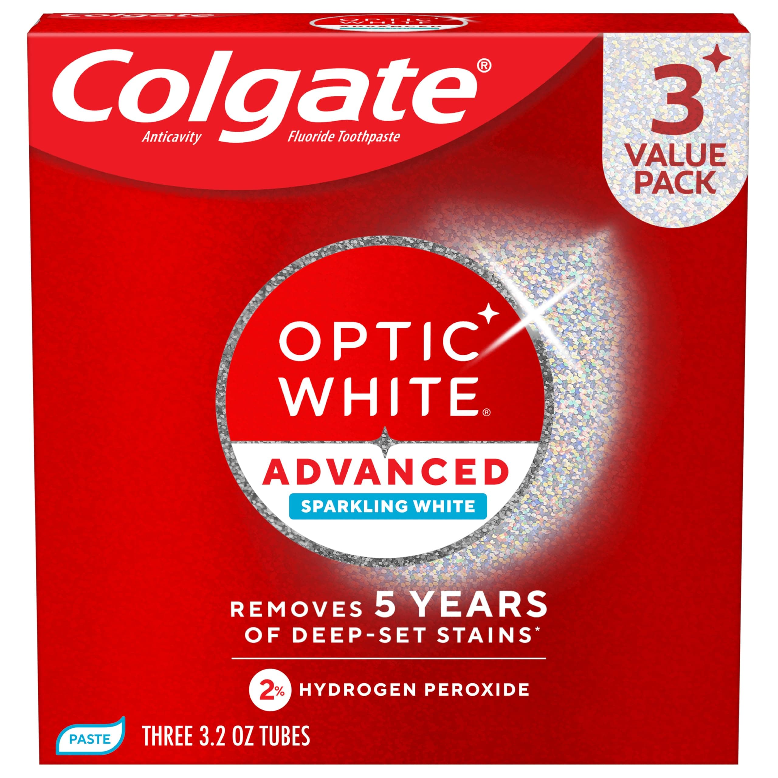 Colgate Optic White Advanced Hydrogen Peroxide Toothpaste, Teeth Whitening Toothpaste Pack, Enamel-Safe Formula, Helps Remove Tea, Coffee, and Wine Stains, Sparkling White, 3 Pack, 3.2 oz