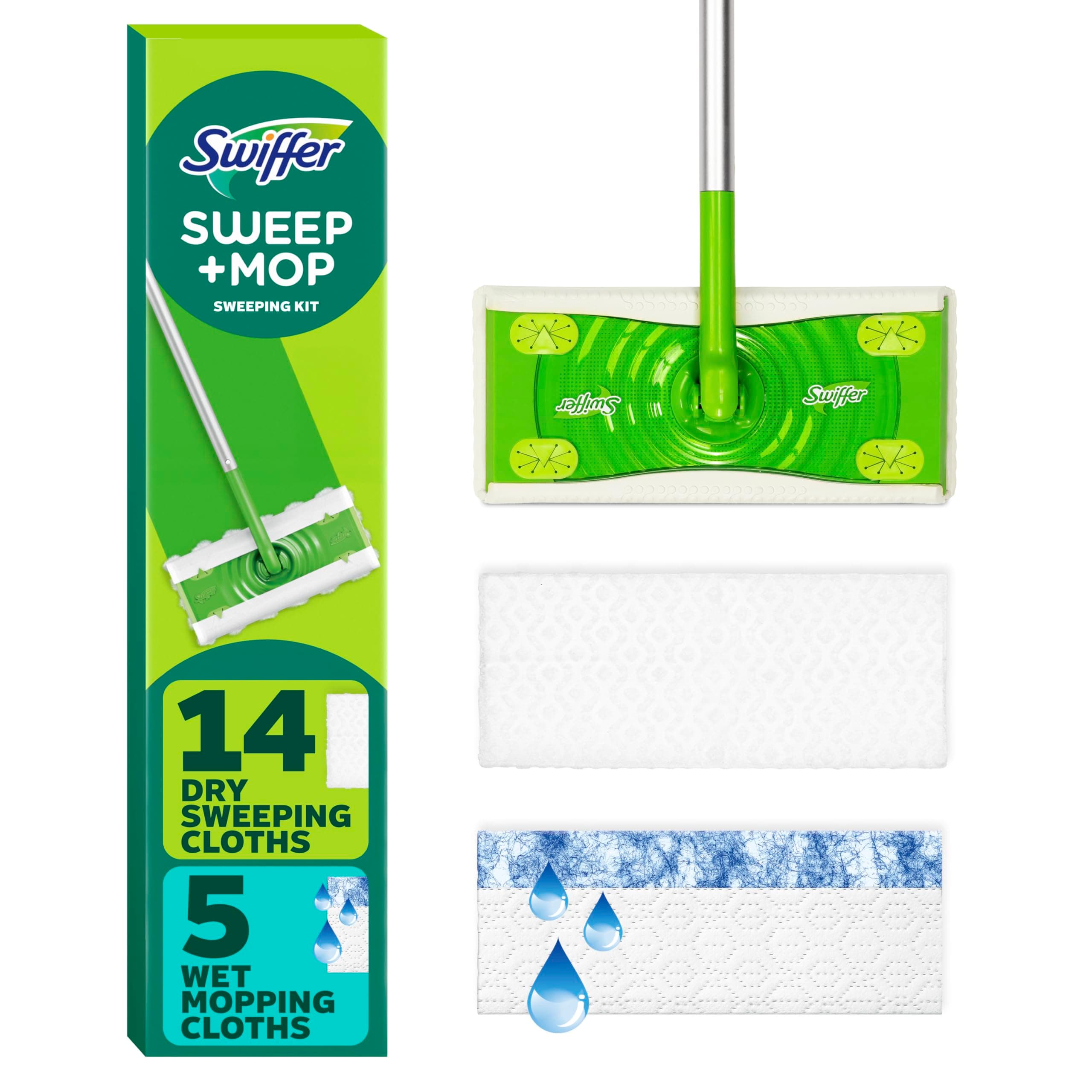 Sweeper Dry and Wet Starter Kit for Floor Mopping and Cleaning, All Purpose Cleaner, Includes: 4 Dry Heavy Duty Cloths, 3 Wet Heavy Duty Pads, 10 Dry Cloths, 2 Wet Pads