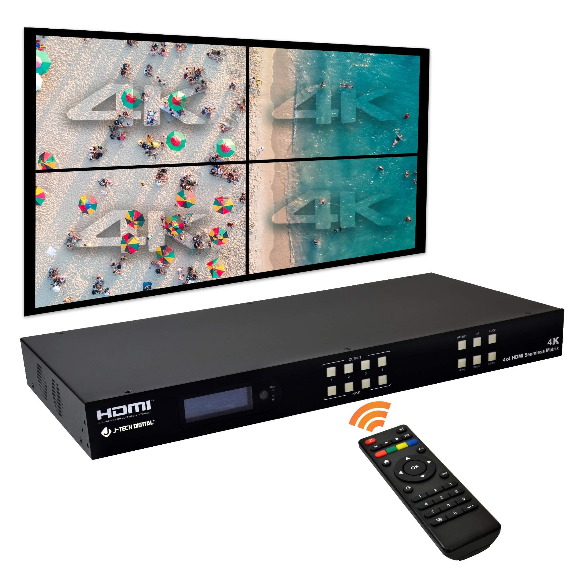 - J-Tech Digital 4k 2X2 Video Wall Controller Multiviewer Seamless Matrix 4K@60Hz Input 4K30Hz Output HDCP 2.2 [JTECH-VWM04]