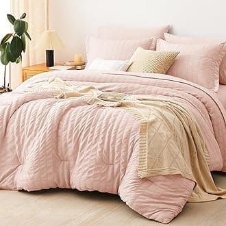 CozyLux Full Size Comforter Sets with Sheets 7 Pieces, Blush Pink Seersucker Bed in a Bag Textured Luxury Soft Bedding Sets with Down Alternative Comforter, Sheets, Pillowcases & Shams for All Seasons