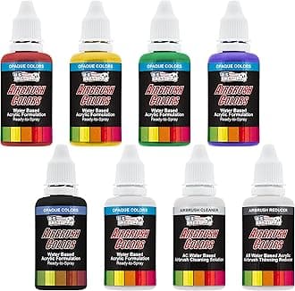 U.S. Art Supply 6 Color Starter Acrylic Airbrush, Leather & Shoe Paint Set Primary Opaque Colors plus Reducer & Cleaner, 1 oz. Bottles
