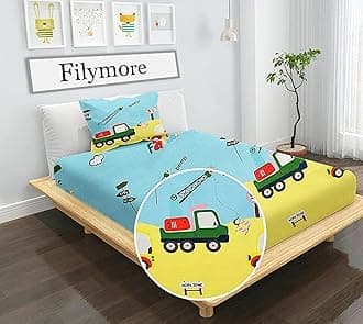 Filymore Car Single Bed Sheet for Cute car Toys bedsheet for Boys Room Cartoon bedsheet for Kids 240 TC Made with Microfiber (Size 90x60 Inch)(Colour-Lemon and Sky Blue)