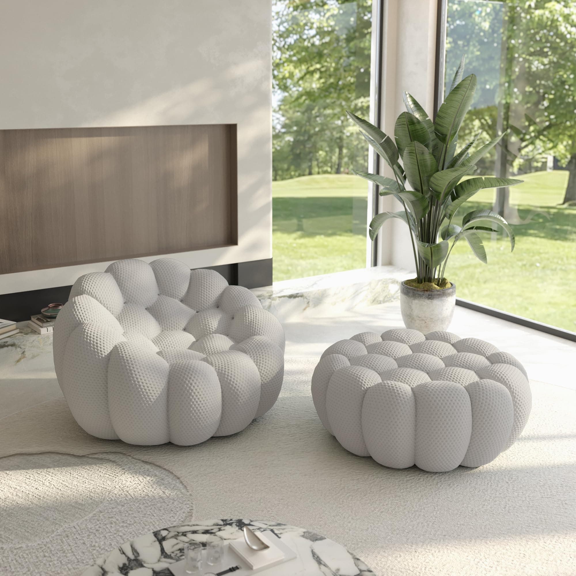 Bubble Chair with Ottoman, Oversized Memory Foam Bubble Couch Lazy Floor Sofa, Round Couch with 3D Honeycomb Shape Curved Sofas for Living Room, Apartment (Light Grey, 49.21+41")