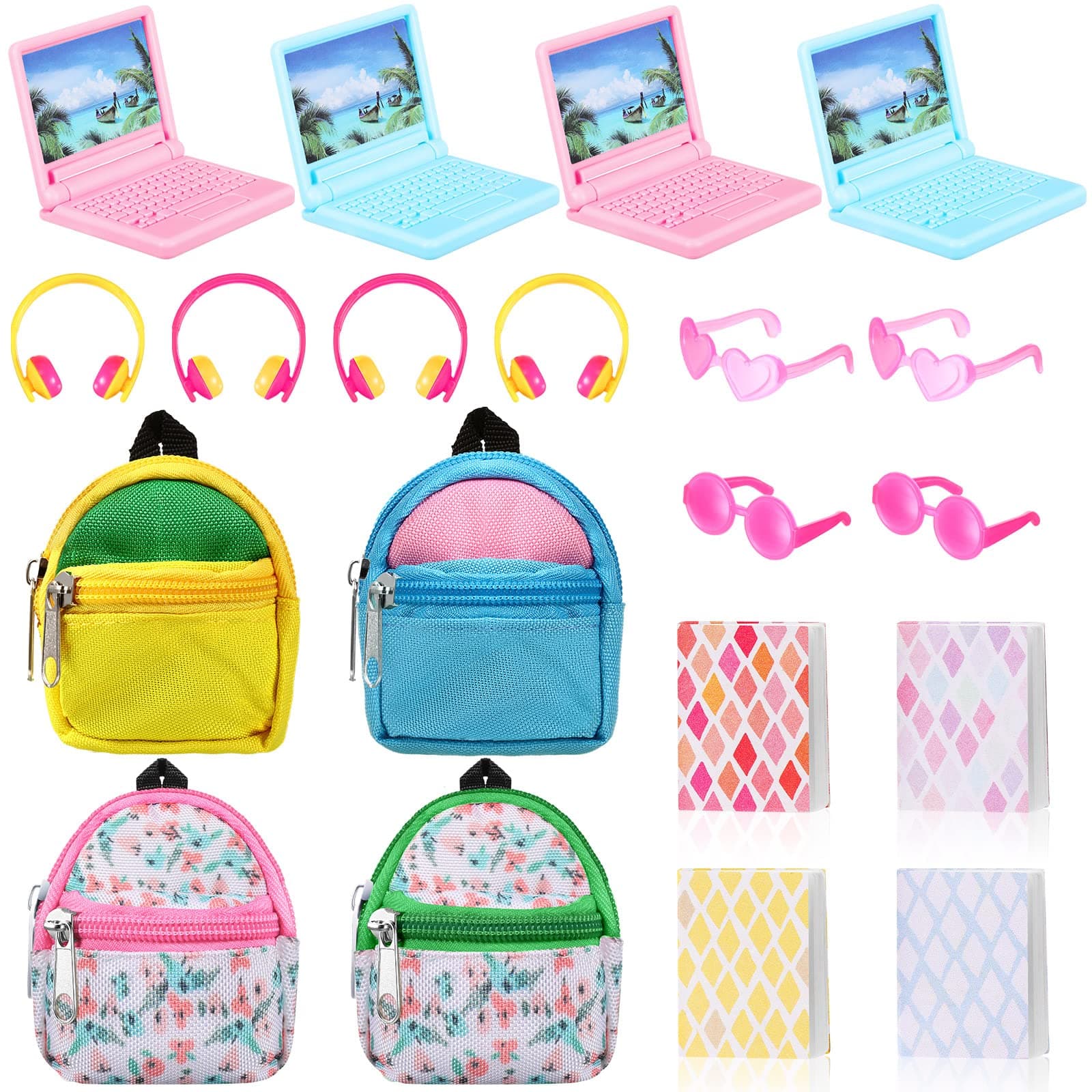 Charniol 20 Pieces Dollhouse School Accessories Doll Backpack Set Include Mini Laptop Scene Simulation Backpack Bag with Zipper Mini Headsets Toy Sunglasses Mini Book ,for teen above 12 years