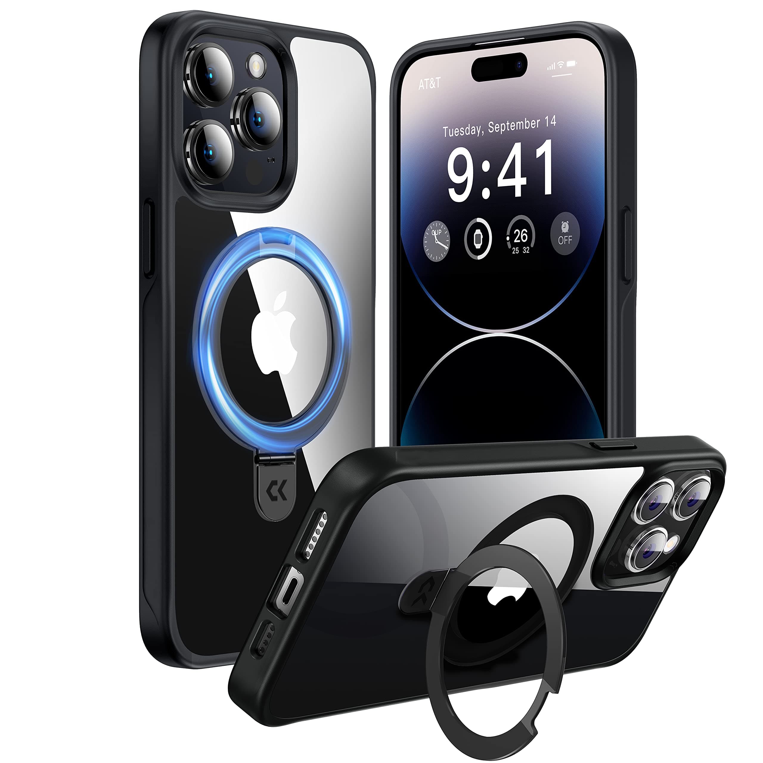 CASEKOO Designed for iPhone 14 Pro Case with Magnetic Invisible Stand [10FT Military Protection] [Compatible with MagSafe] Shockproof Slim Transparent for iPhone Pro Case 6.1'' 2024, Black Clear