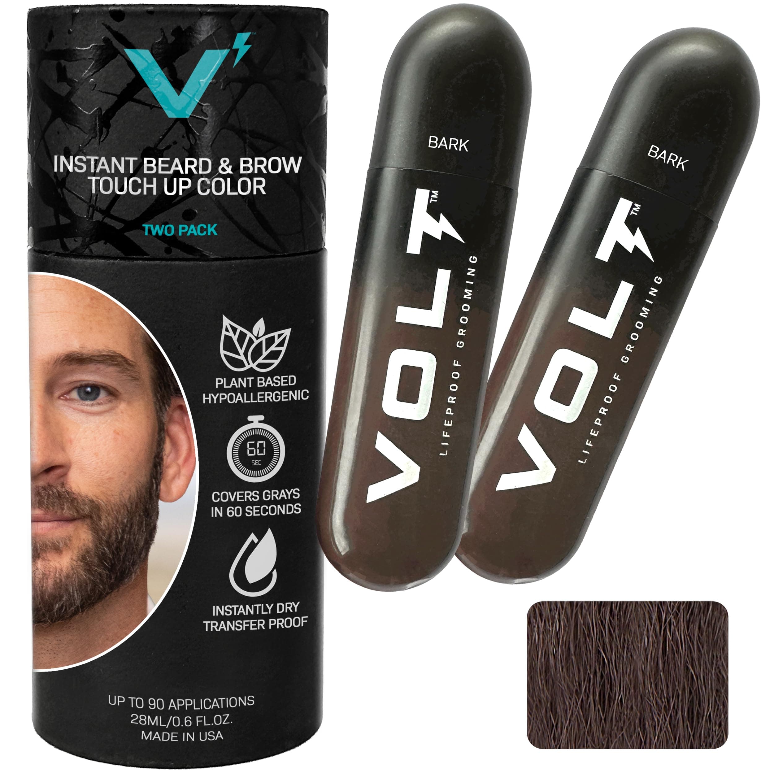 VOLT Grooming Instant Beard Color ECO 2 Pack Refill - Smudge and Water Resistant Quick Drying Brush on Color for Beards, Mustaches, and Eyebrows, Bark (Dark Brown)
