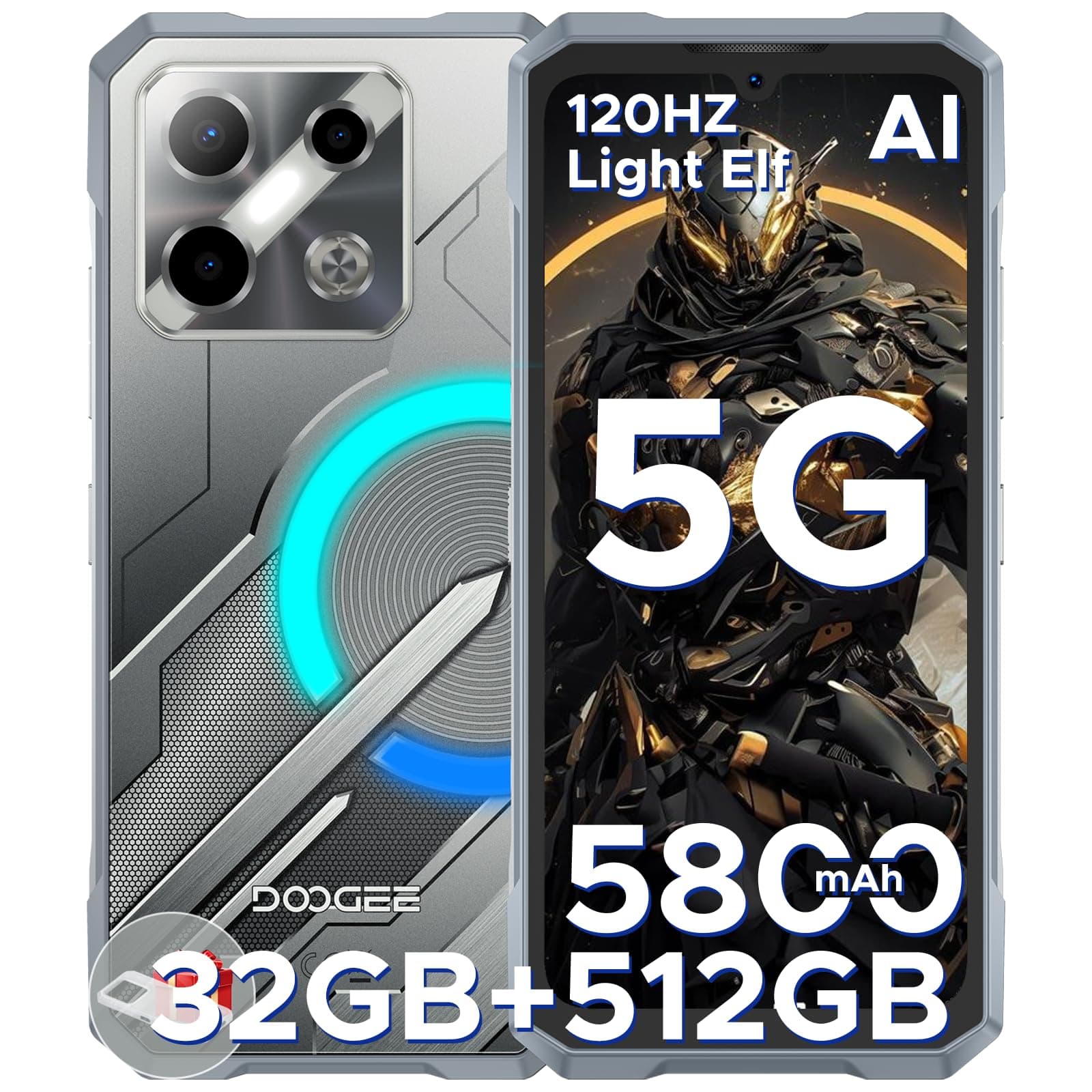 DOOGEE Blade GT Pro 5G Rugged Phone with LED Light Effect,32GB+512GB/2TB Rugged Smartphone,6.72” FHD+120Hz, 5800 mAh Android Phone,100MP+32MP AI Camera/Face& Finger ID/NFC,Sliver