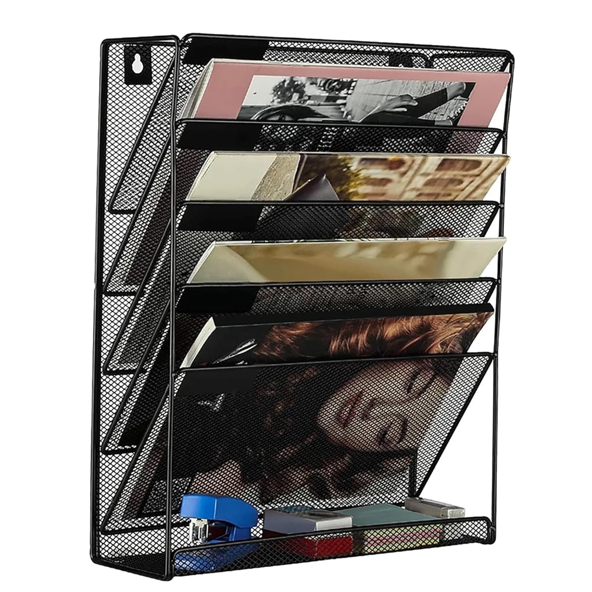 - Mesh Wall File Holder | 6 Tier Mount Hanging Vertical File Magazine Notebooks Storage With Flat Bottom Tray For Worksheets A4 Papers Office Desk (Black)