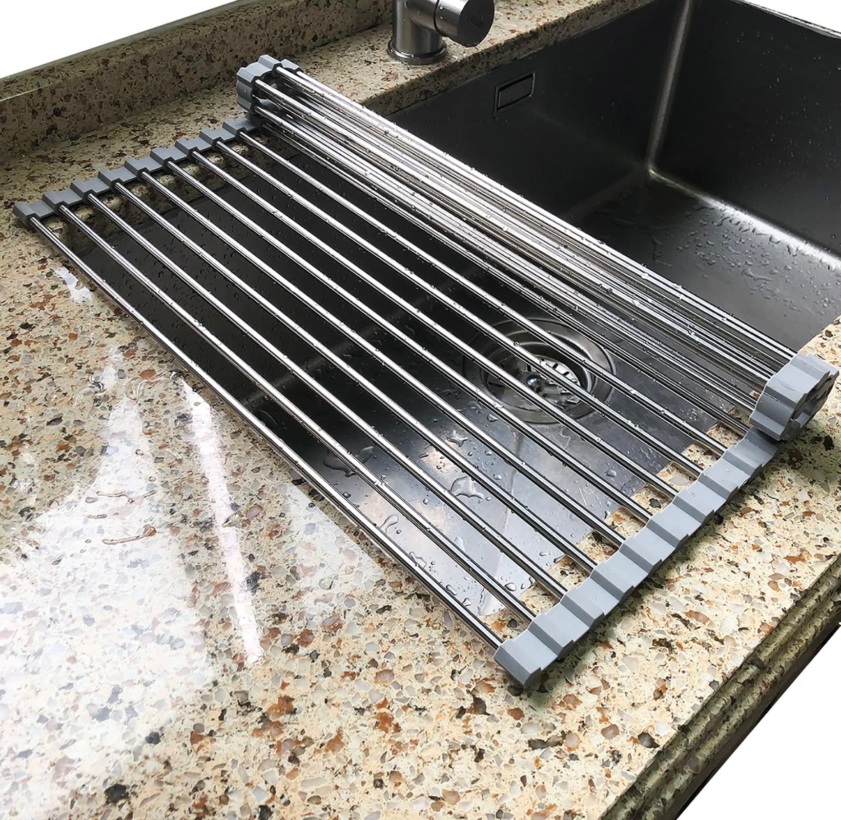 Tomorotec Roll Up Dish Drying Rack Over The Sink Grey Large Dish Drying Rack Rolling Foldable Collapsible SUS304 Stainless Steel Multipurpose Dish Drainer for Kitchen Counter (17.8”x15.7”)