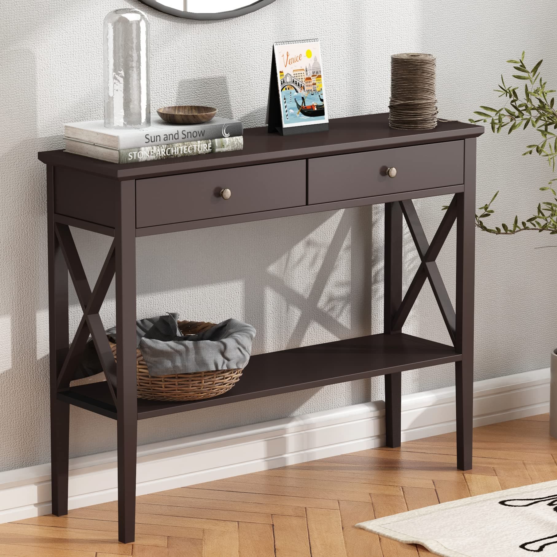 Console Table with Drawers, Narrow Wood Accent Sofa Table Entryway Table with Storage Shelf for Entryway, Front Hall, Hallway, Living Room, Espresso