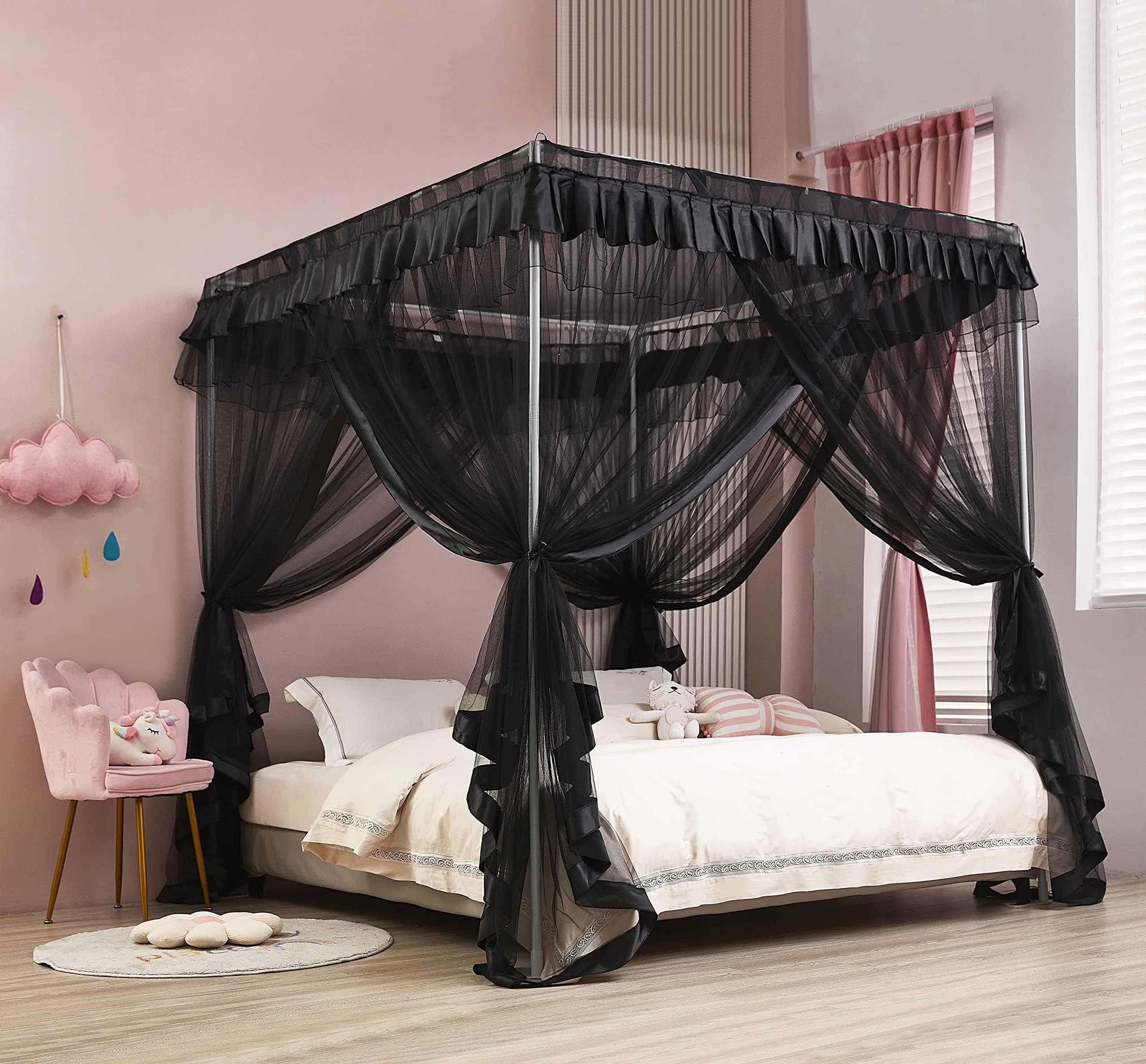 Mengersi Simple 4 Corners Post Canopy Bed Curtains Bed Drapes (Twin XL, Black)