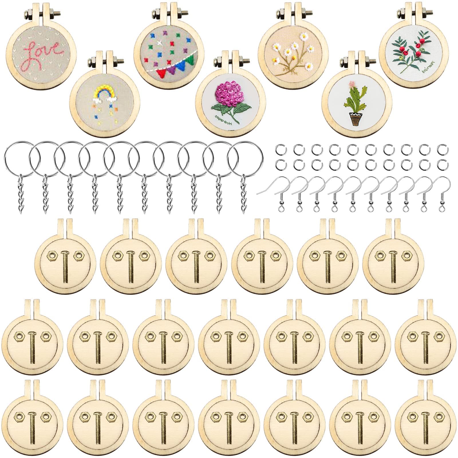 ZOCONE Mini Embroidery Hoops, 20 PCS Small Ring Tiny Embroidery Hoops with Keychain Earring Hooks Jump Rings, Round Wood Hoops for DIY Pendant Embroidery Necklace Jewelry Pendant and Cross Stitch