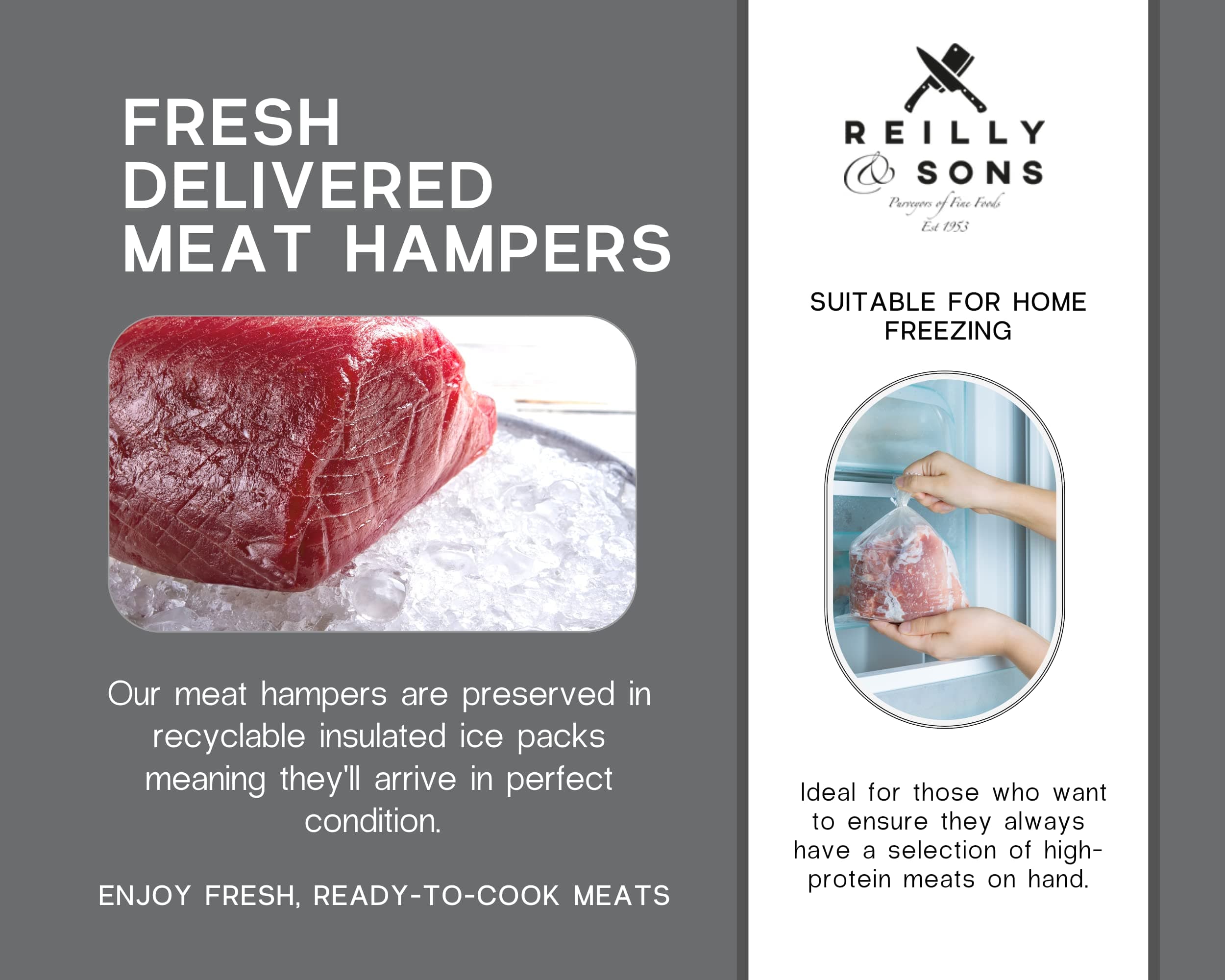 Reilly & Sons Medium Ultimate Steak Box for Meat Lovers. 1Kg Whole Sirloin Rolled, 1Kg Whole Ribeye Rolled, 2 x 8oz Sirloins, 2 x 8oz Ribeyes, 2 x 500g Chateaubriands