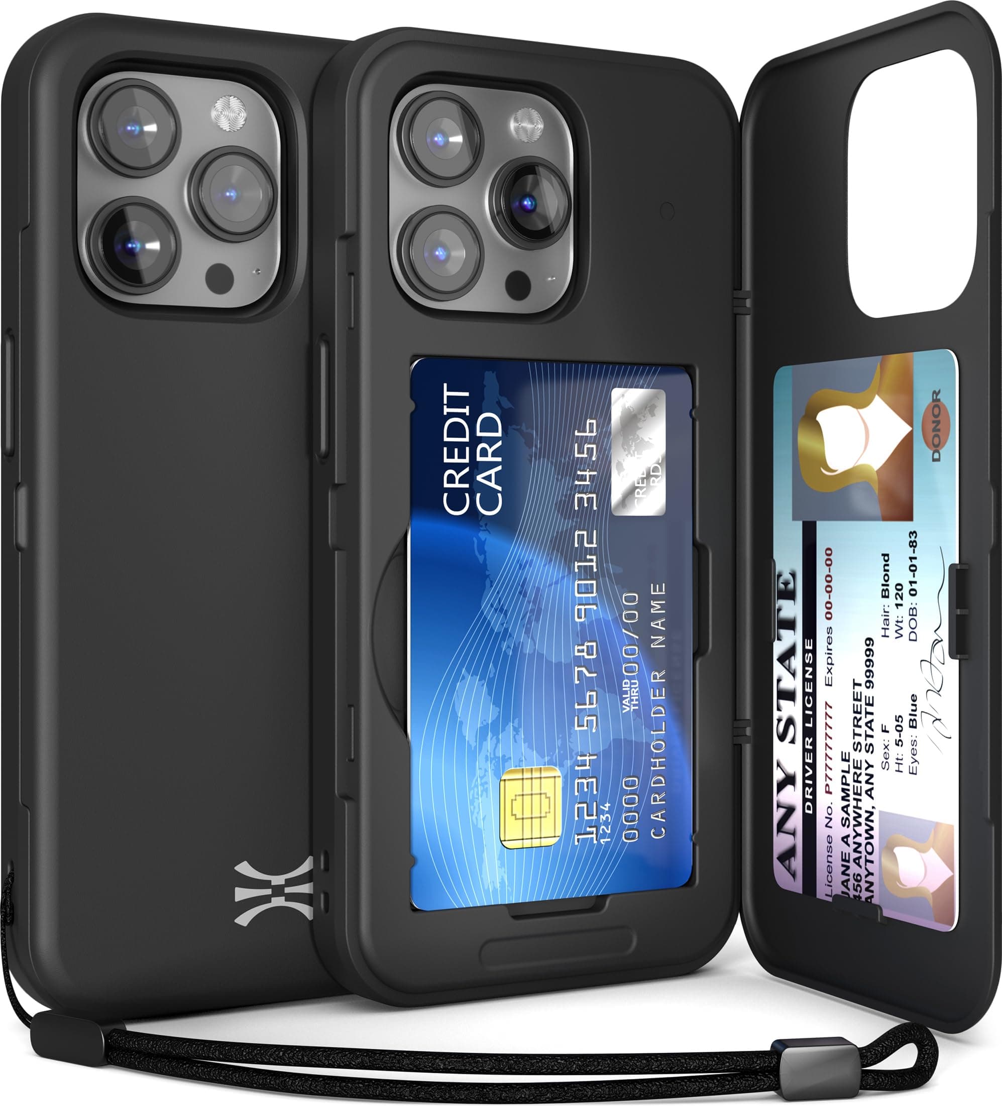 TORU CX SLIM for iPhone 15 Pro Max Case Wallet | Protective Shockproof Heavy Duty Cover with Hidden Card Holder & Card Slot | Mirror & Wrist Strap Included - Black