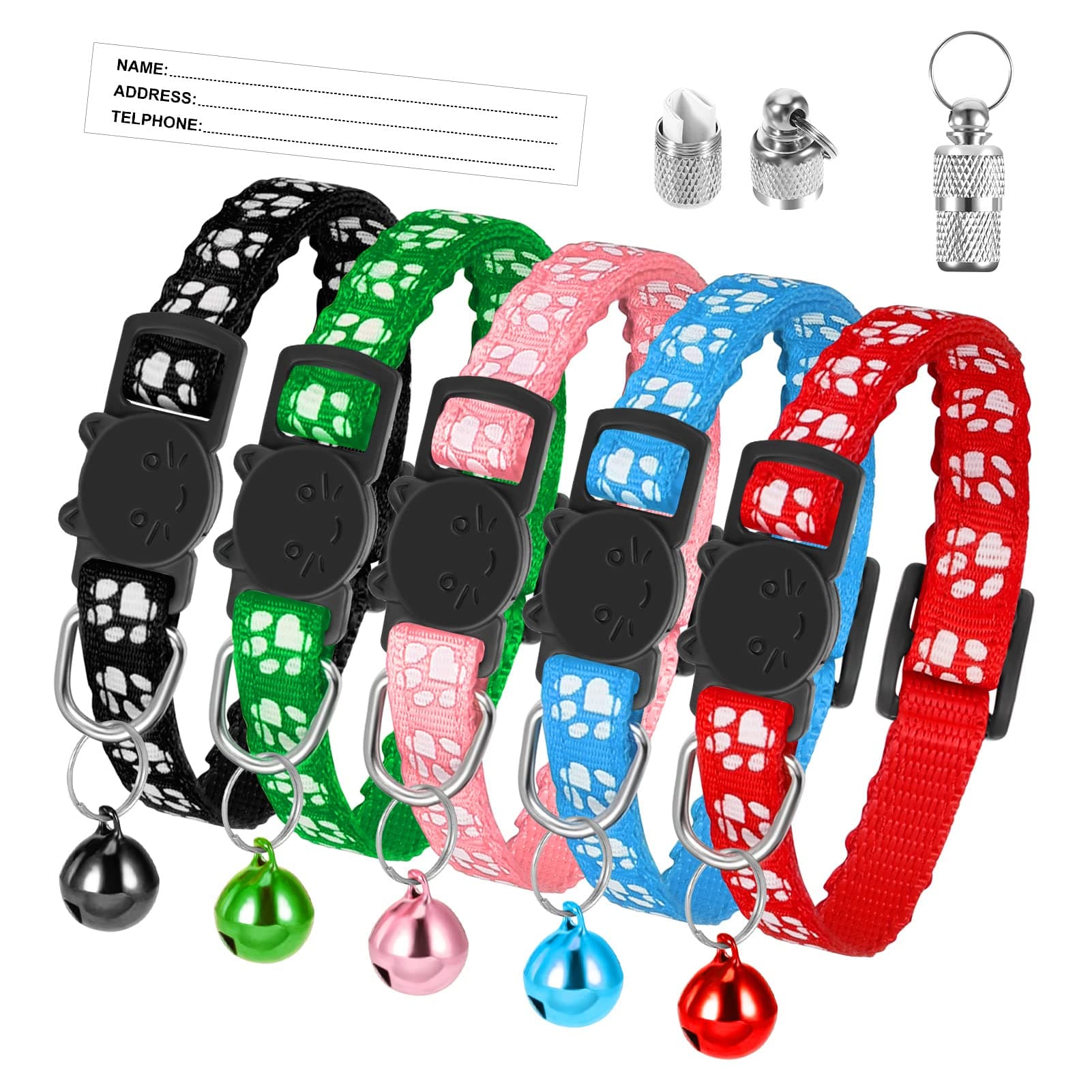 AKlamater 5Pcs Cat Collars with Bells Adjustable Kitten Collar Quick Release Safety Collar with Anti-lost Tags for Cats, Kitten, Small Pet