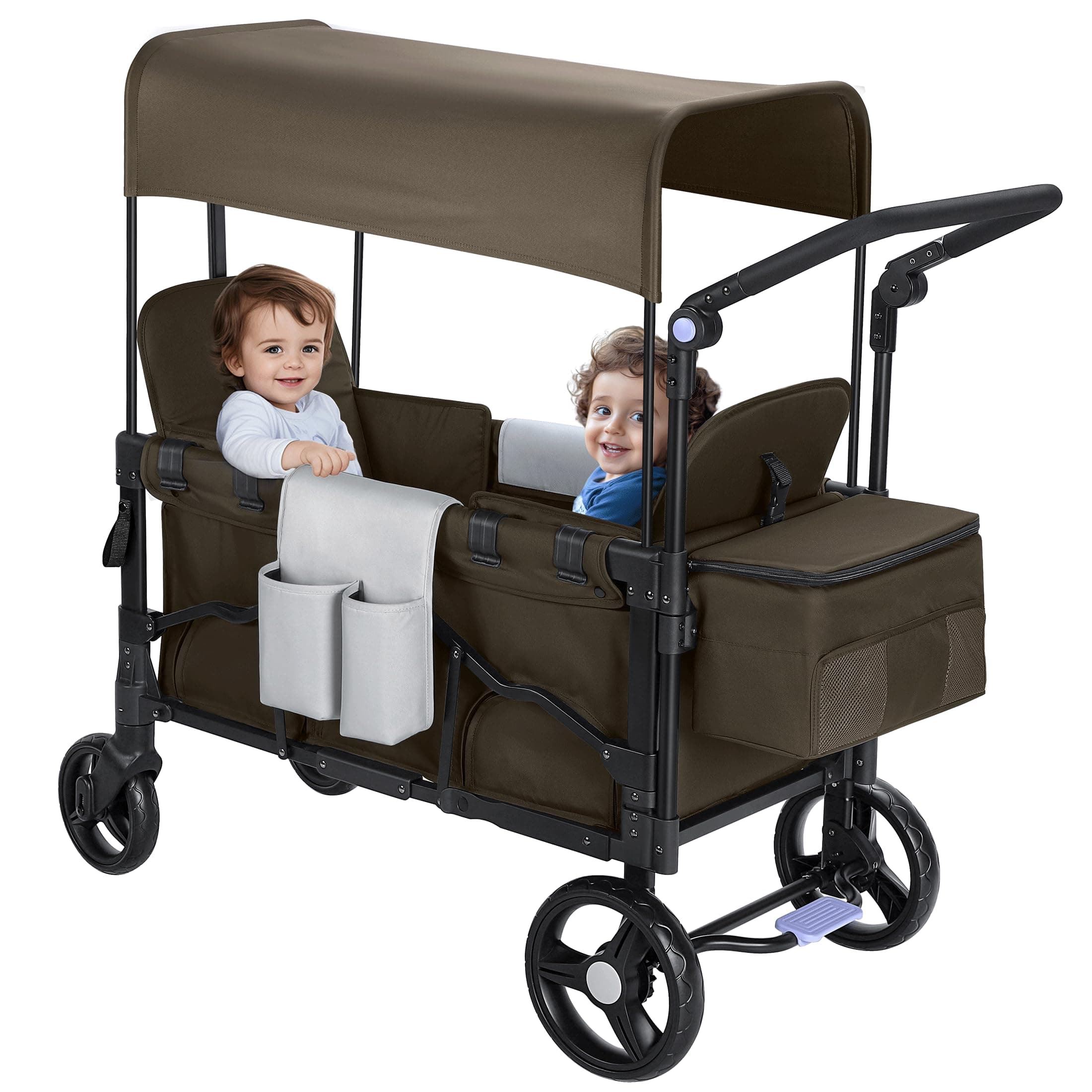 Stroller Wagon for 2 Kids with Canopy, Foldable All-Terrain Wagon Stroller with Adjustable Push/Pull Handle, Parent Organizer, 5-Point Harness (Brown)
