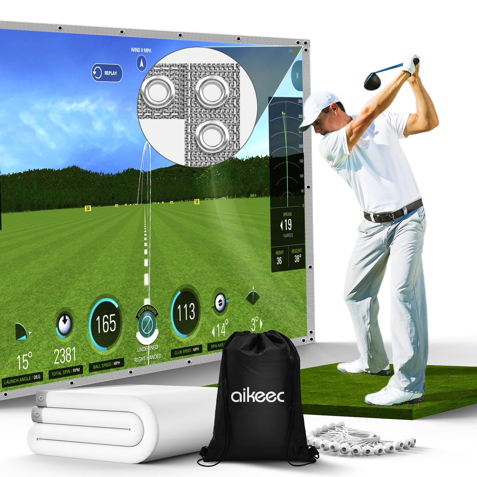 aikeec Golf Simulator Impact Screen: Ultra Clear Golf Impact Screen for Home/Indoor/Garage Swing Training - 5mm Thickened Golf Screen with 36 Upgraded Grommet Holes & 20 Ball Bungee Cords, 5 Size