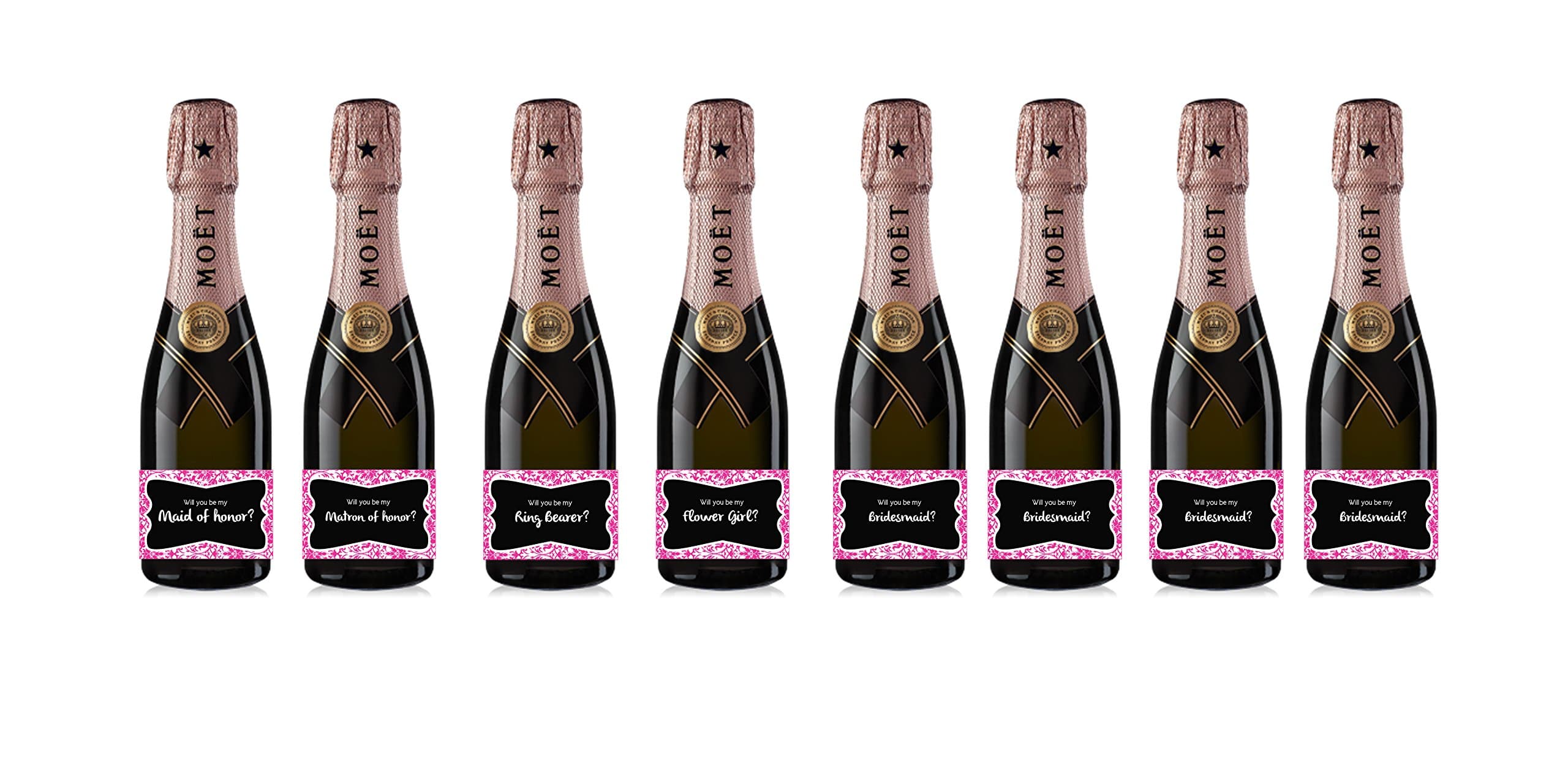 8 pack Labels for Mini Champagne Bottle & Gift Box - Bridesmaid, Maid & Matron of Honor Proposal Gift- Engagement Party- Bridal Shower- Flower Girl - Ring bearer, Will You Be My bridesmaid.