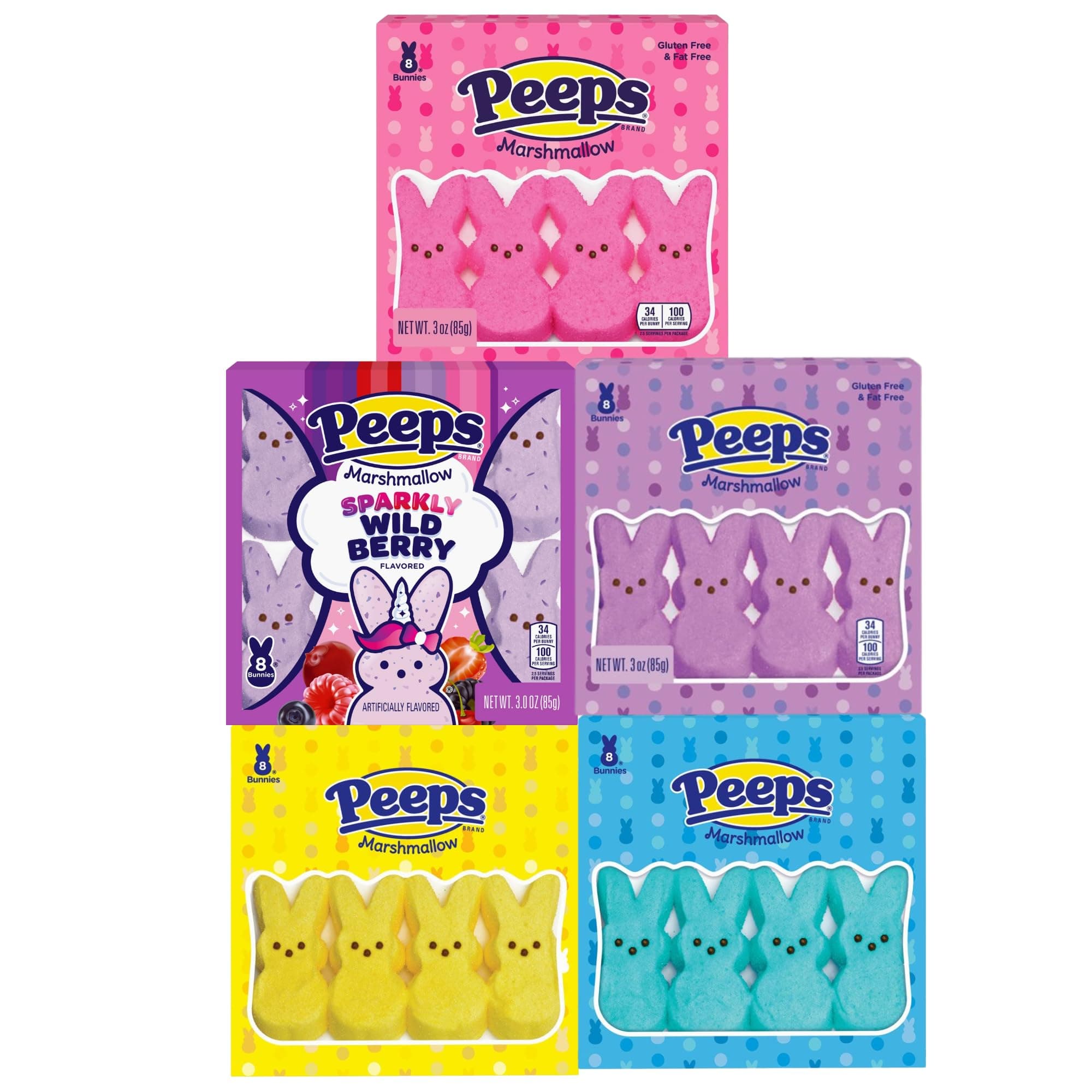 Peeps Marshmallow Candy Easter Variety Pack, Wild Berry and Pink Blue Purple and Yellow Original Flavored Bunny Shaped Marshmallows, Basket Stuffers for Peep Lovers, Pack of 5