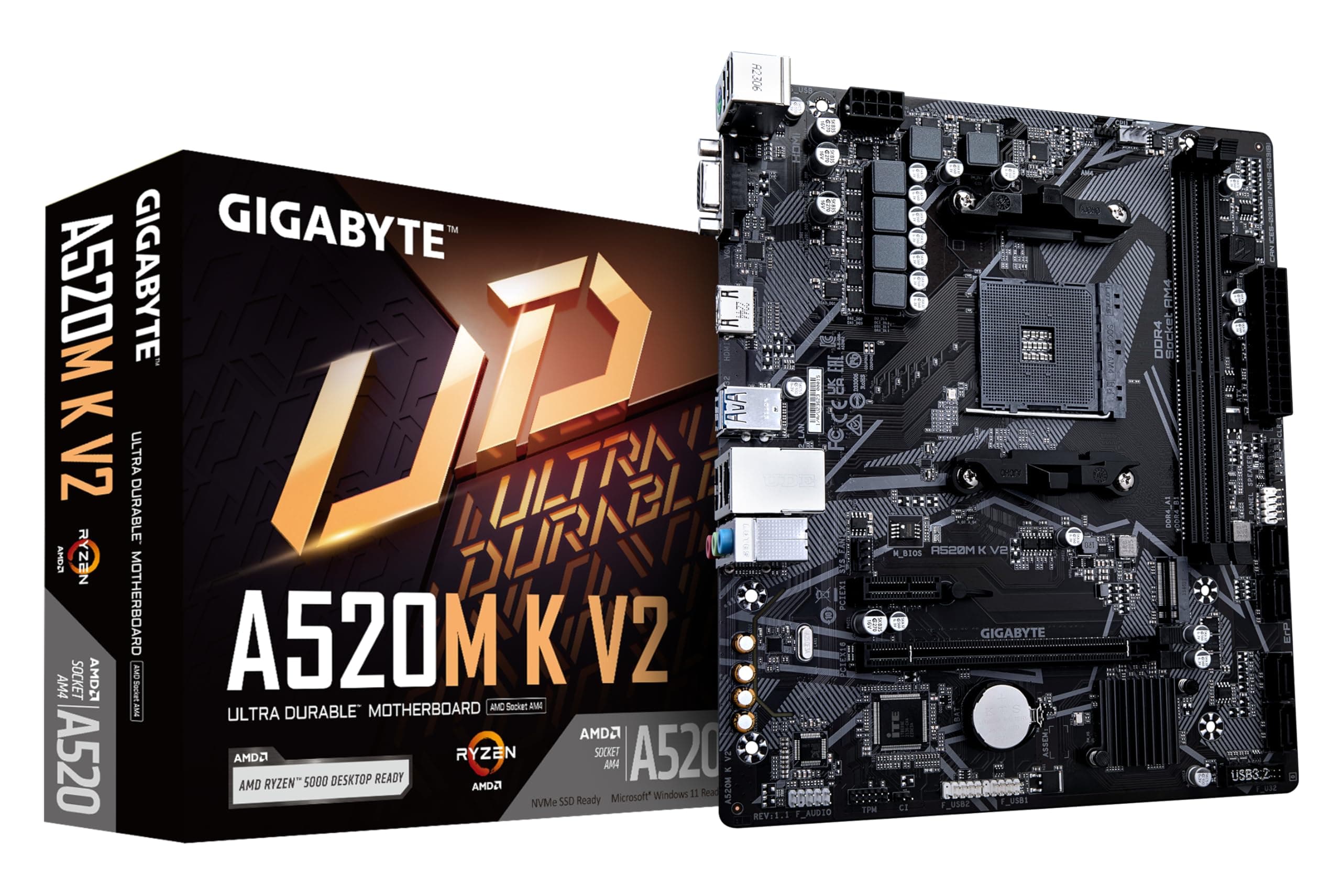 Gigabyte A520M K V2 1.0 MB Processor family AMD Processor socket AM4 DDR4 DIMM Memory slots 2 Supported hard disk drive interfaces SATA M.2 Number of SATA connectors