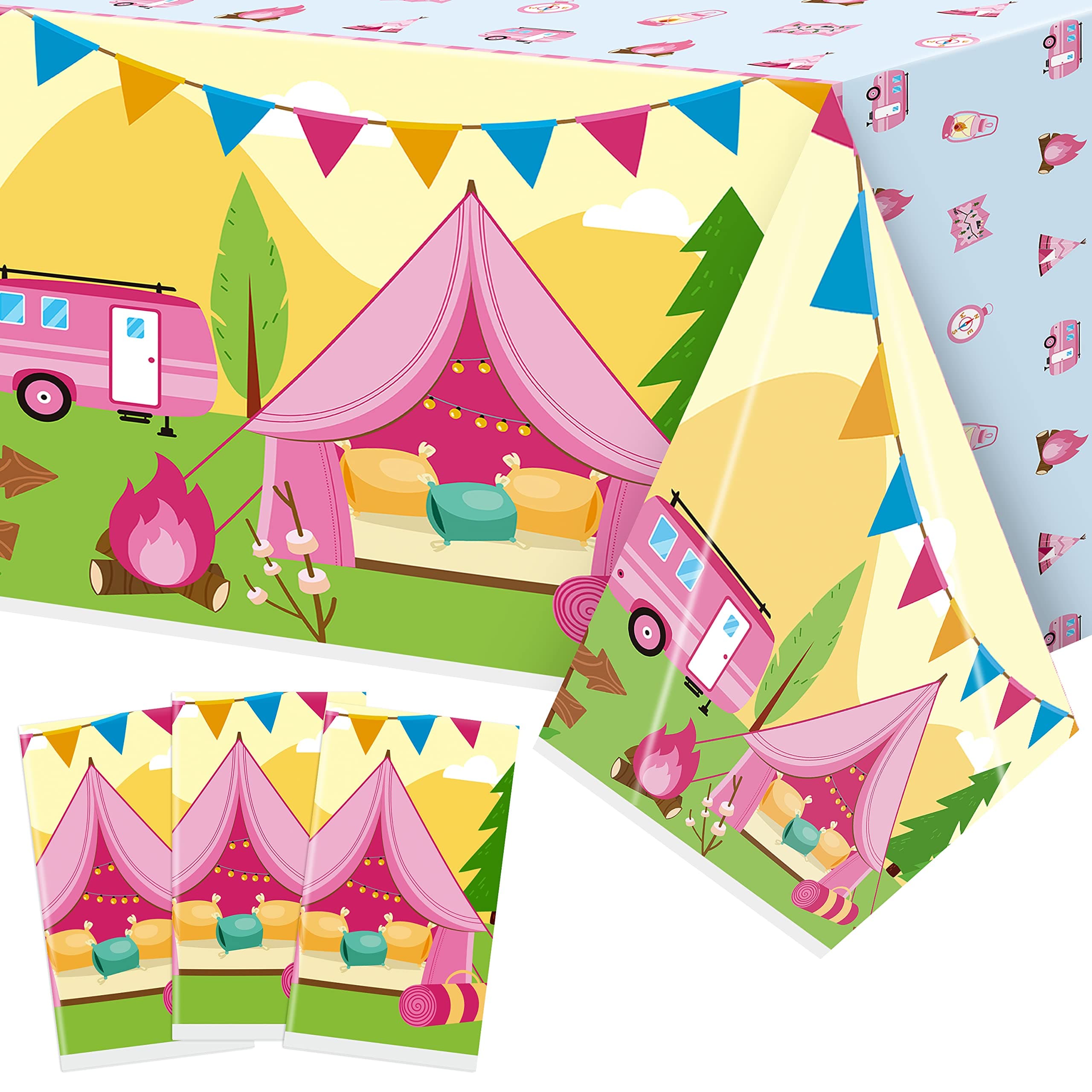 Pink Camping Plastic Tablecloths - 3-Pack Camping Pink Plastic Table Covers Christmas Winter Xmas New Year Decoration Waterproof Rectangle Campfire Cute Kid Baby Shower Birthday Party Supplie
