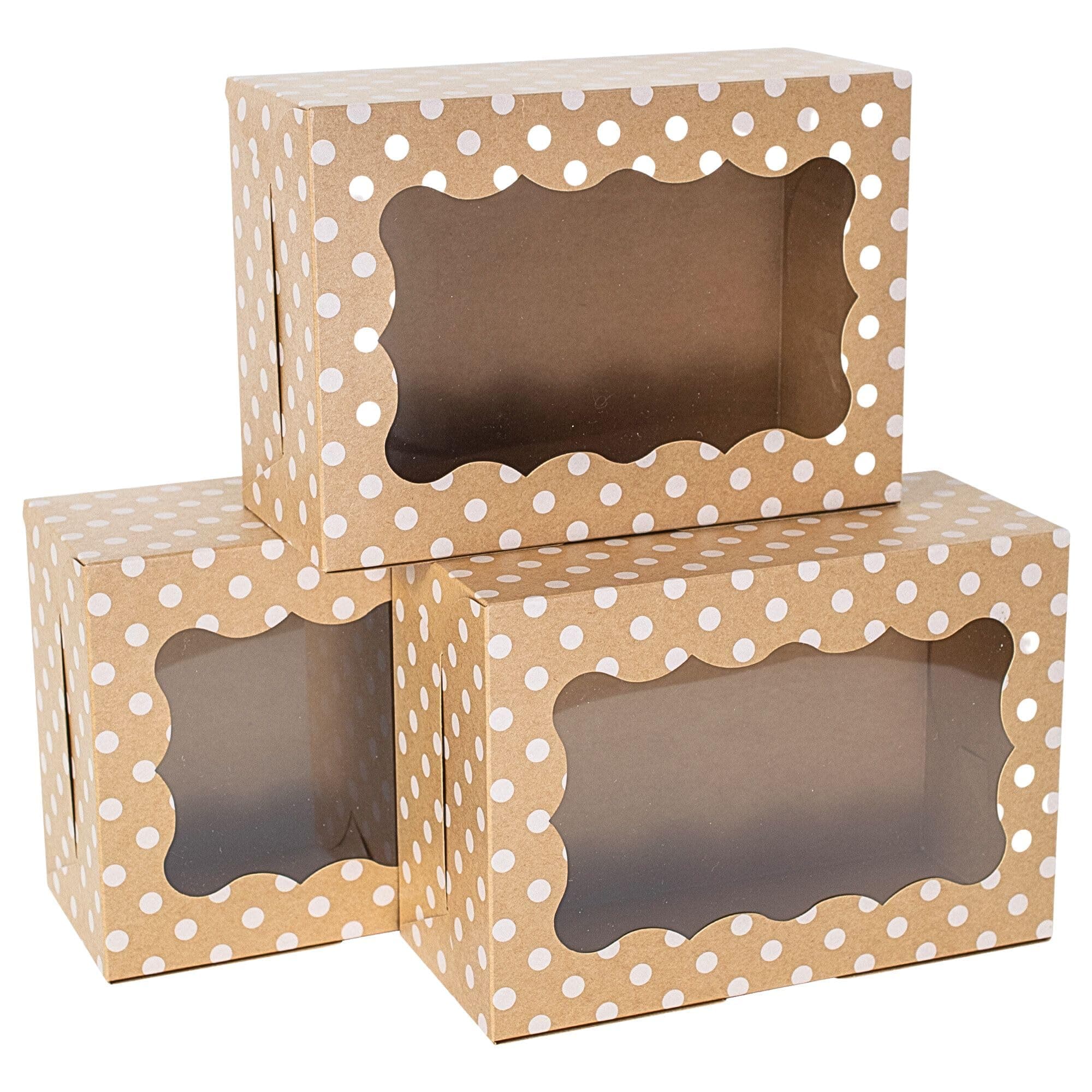 Polka Dot Cookie Boxes - 12 Pack - Brown with White Polka Dots Bakery Gift Box with Window - for Pastries, Cupcakes, Strawberries, Macarons, & Treats - Large Size Easily Fits a Dozen Cookies - 12 pcs