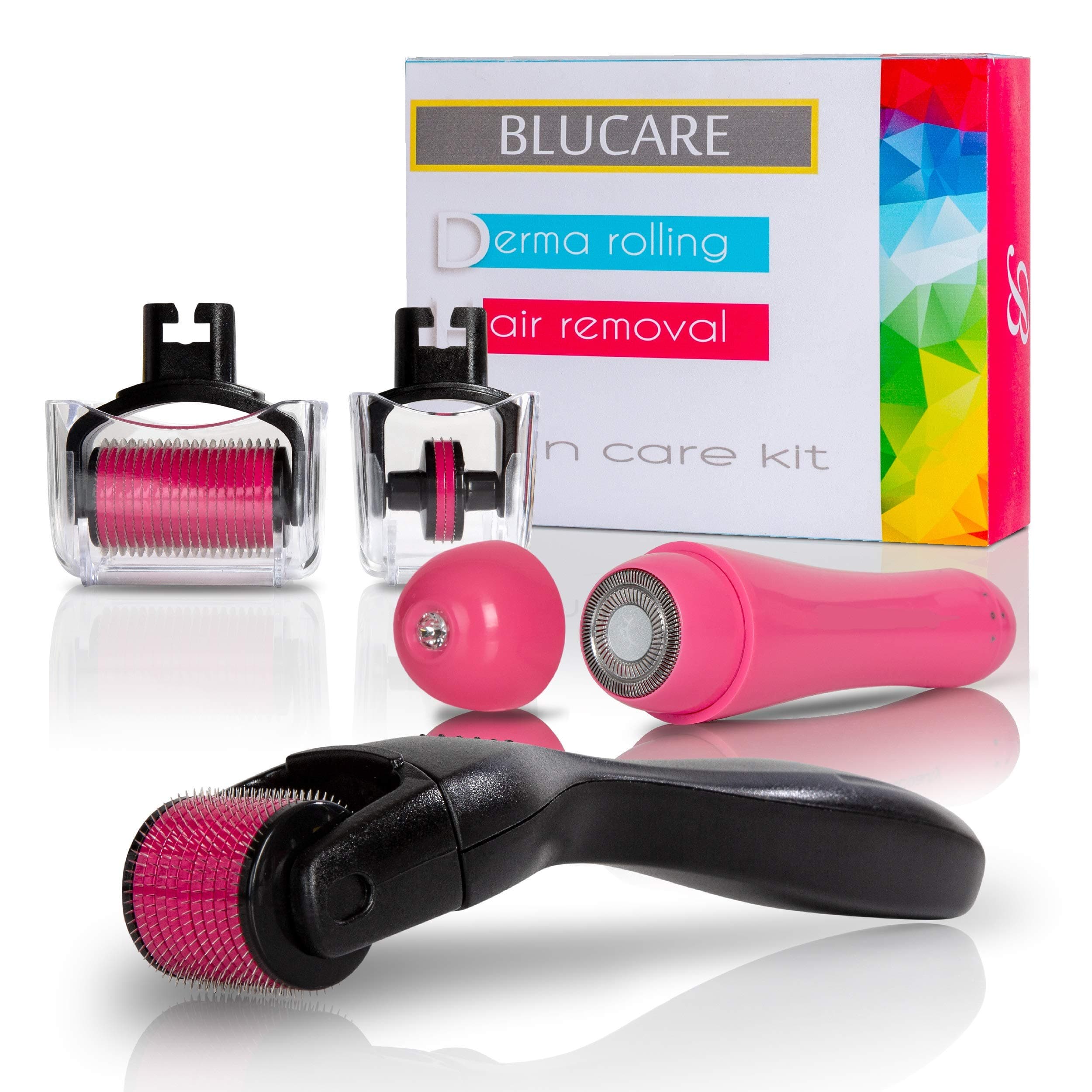 Derma roller Blu-care 3 in 1 derma roller 0.25 mm, 180, 600, 1200 microneedling microdermabrasion skin care kit with 3 storage case with electric hair shaver