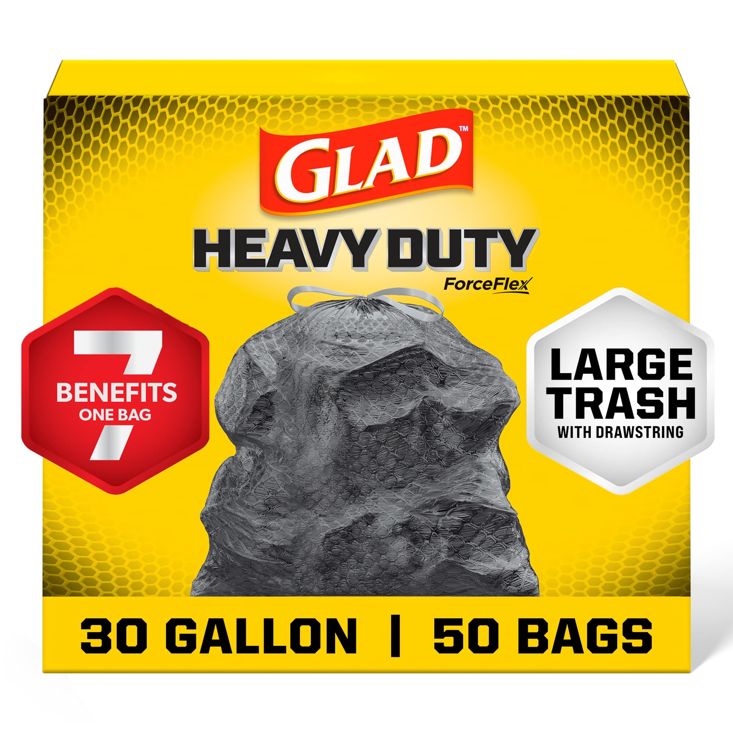 Glad Large 30 Gallon Trash Bags, Unscented Heavy Duty Garbage Bags, Forceflex with Drawstring, 50 Count (Packaging May Vary)