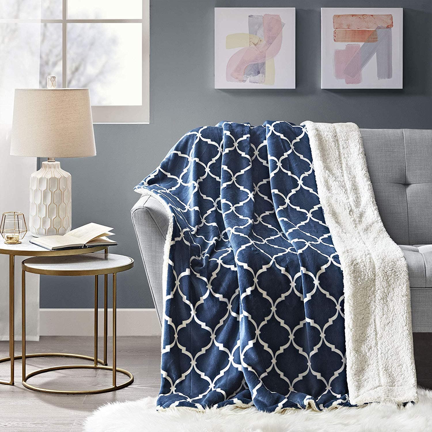 Microlight to Berber Throw Blankets - Dual Sided Super Soft Print Blanket for Bed and Couch - Wrinkle Resistant and Anti-fade (Navy, 127x152cm)