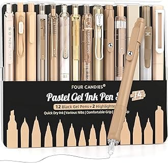 14Pack Pastel Gel Ink Pen Set,Cute Retractable 0.5mm Fine Point Pen,Note Taking Aesthetic Pens,12 Pack Black Ink Pens with 2Pack Highlighter, Smooth Writing Pens for School, Office-Brown