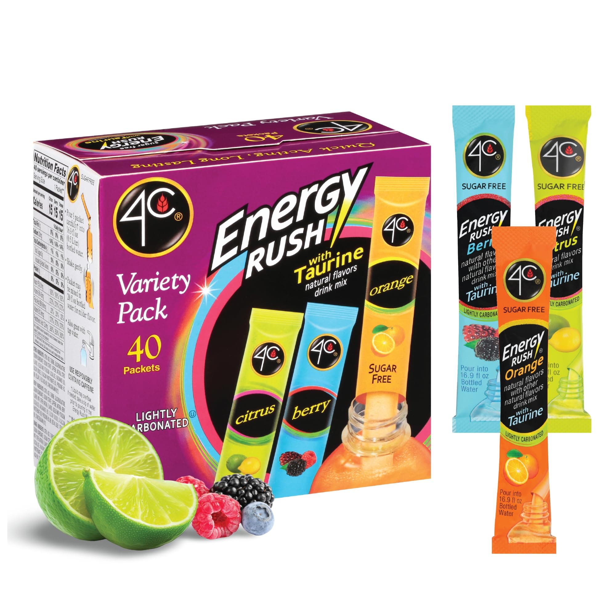 4C Energy Rush Stix, Variety 1 Pack, 40 Count, Single Serve Water Flavoring Packets, Sugar Free with Taurine, On the Go Bundle (20 Berry, 10 Orange, 10 Citrus)