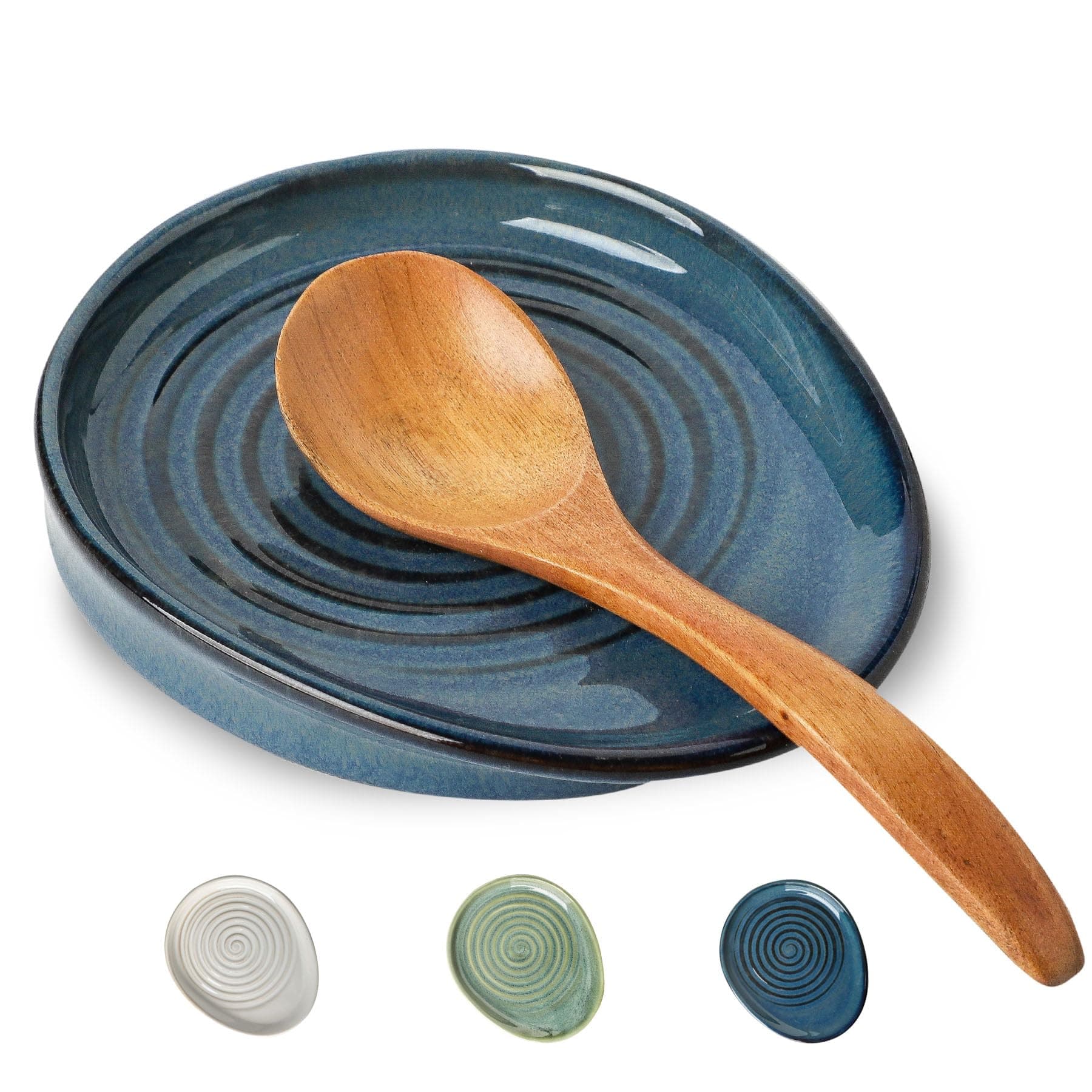 Ceramic Spoon Rest for Stove Top, Spoon Holder for Kitchen Counter, Farmhouse Cooking Utensil Holder for Spoons, Ladles, Spatula, Glazed Blue