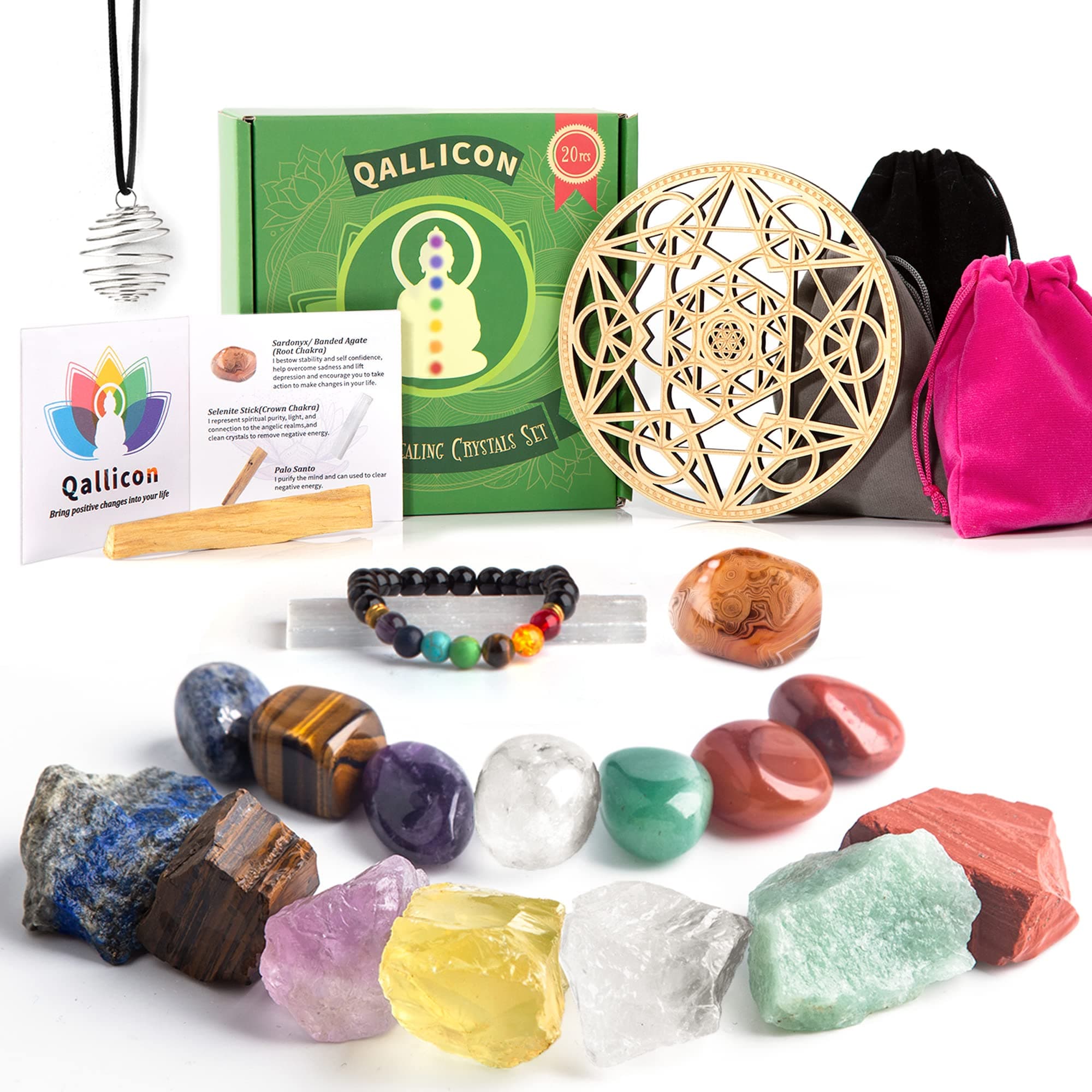 Healing Crystals Set, Qallicon 20PCS Chakra Crystals Kit Include 7 Raw & Tumbled Chakra Stones, Lava Bracelet, Selenite, Cage Necklace, Palo Santo, Banded Agate, Crystal Grid for Meditation, Yoga.