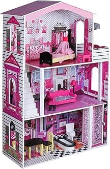 Large Wooden Play Doll House With Accessories & Furniture Role Play Doll House 4 Designs Christmas, Birthday Girls Gift (Design 4)