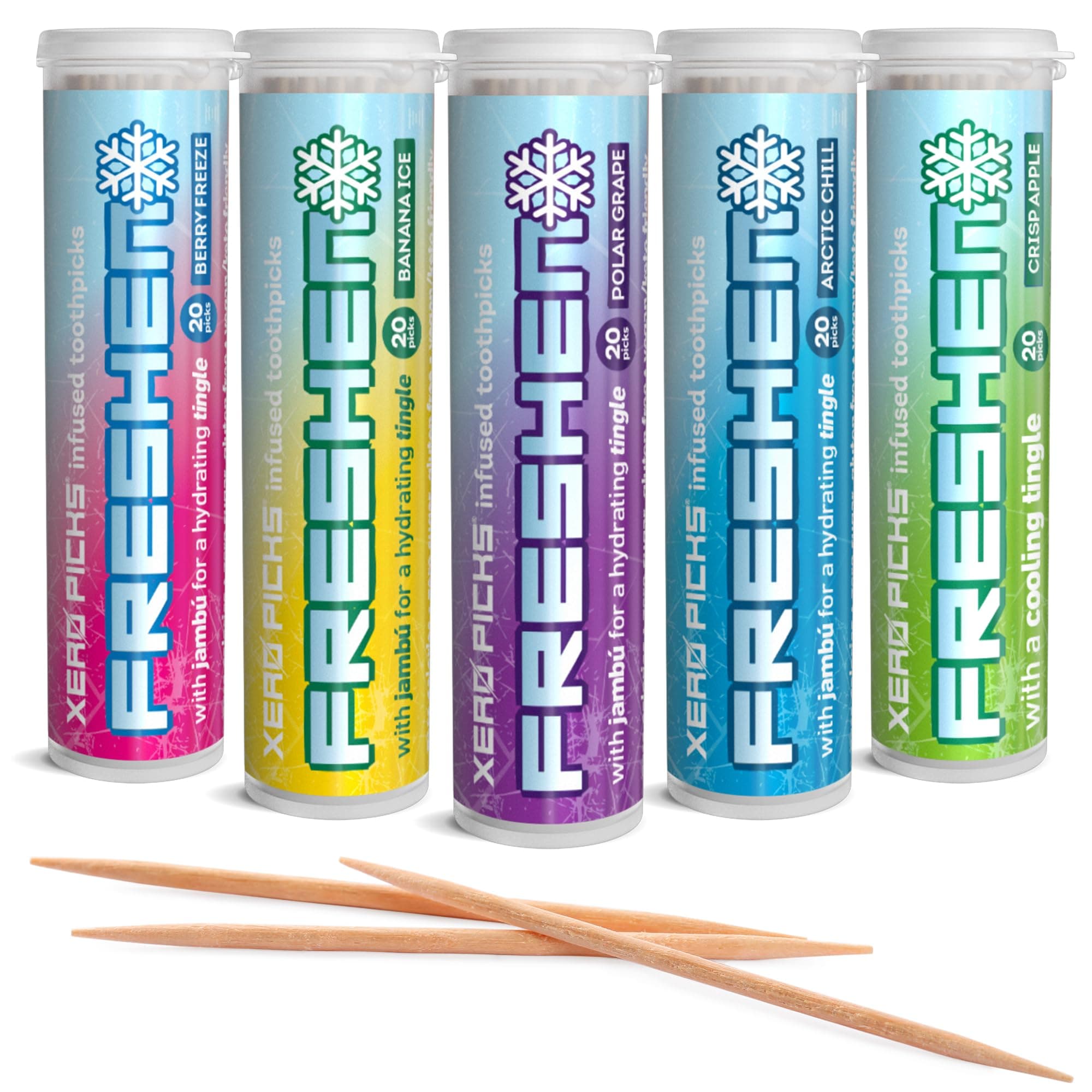 Freshen - Infused Flavored Toothpicks - Cooling Fresh Breath - 100 Picks - 5 Pack - Variety- polar grape, arctic chill, banana ice, berry freeze and crisp apple