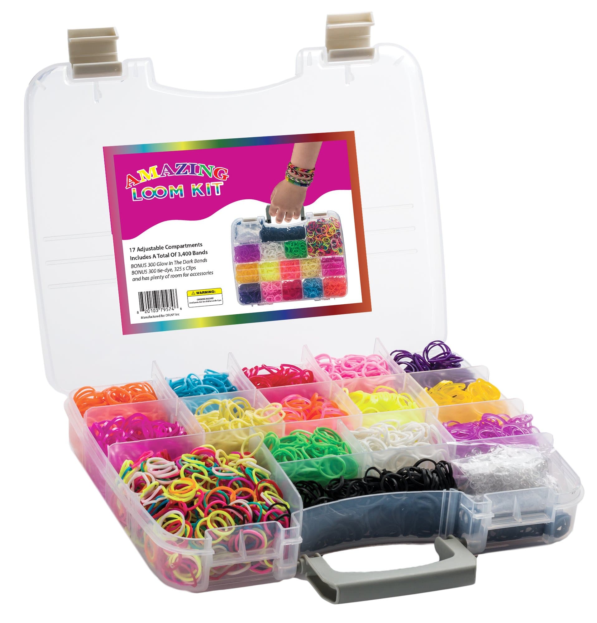 Amazing Loom Bands Kit Complete Collection Organizer Storage Kit with Handle Includes (BONUS 300 Glow in The Dark Bands , BONUS 300 tie-dye, BONUS 325 s Clips)