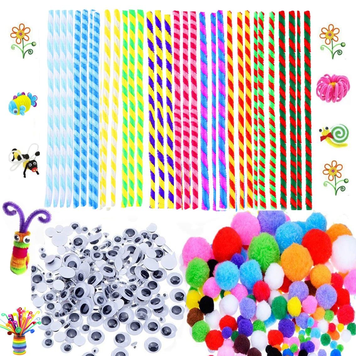 500Pcs Craft Supplies Set Which Includes 100 Pcs Striped Pipe Cleaners with 250 Pcs Colorful Pom Poms and 150 Pcs Wiggle Eyes for Christmas School DIY Art Projects by BellaBetty