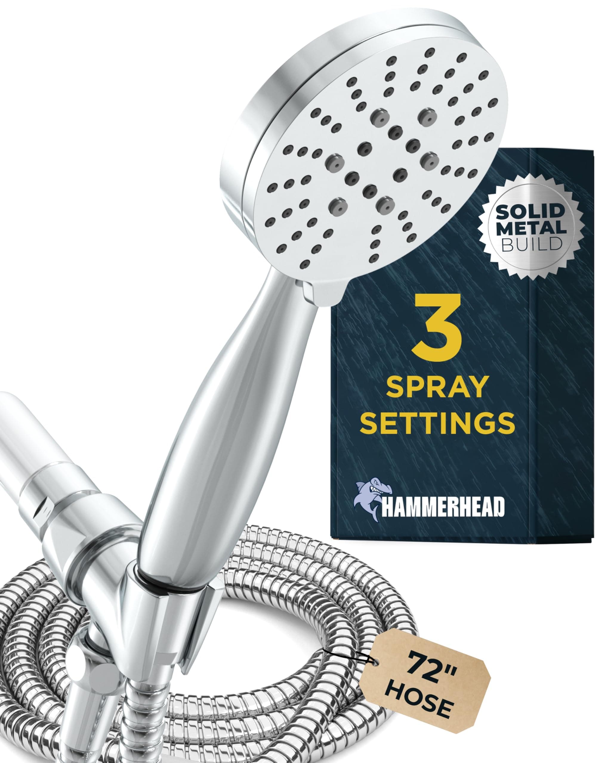 HammerHead Showers® Solid Metal 3-Spray Handheld Shower Head with Long Hose and Holder - CHROME - 2.5 GPM High Pressure Shower Head with Handheld Sprayer - WIDE, MASSAGE, and MIST Sprays