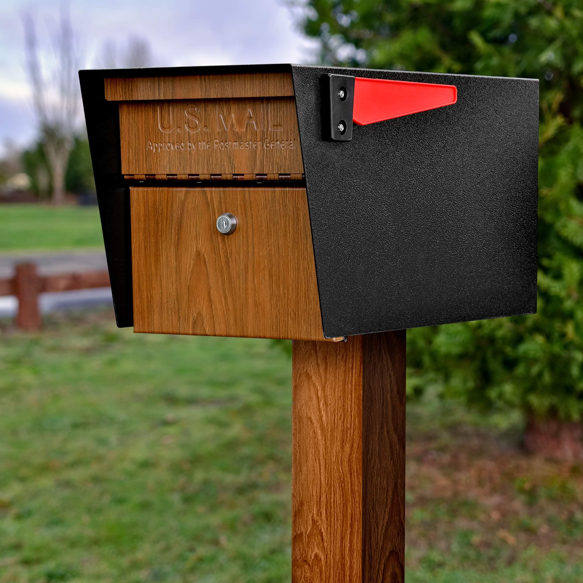 Mail Boss 7510 Mail Manager Locking Security Mailbox, Wood Grain, Black Powder Coat