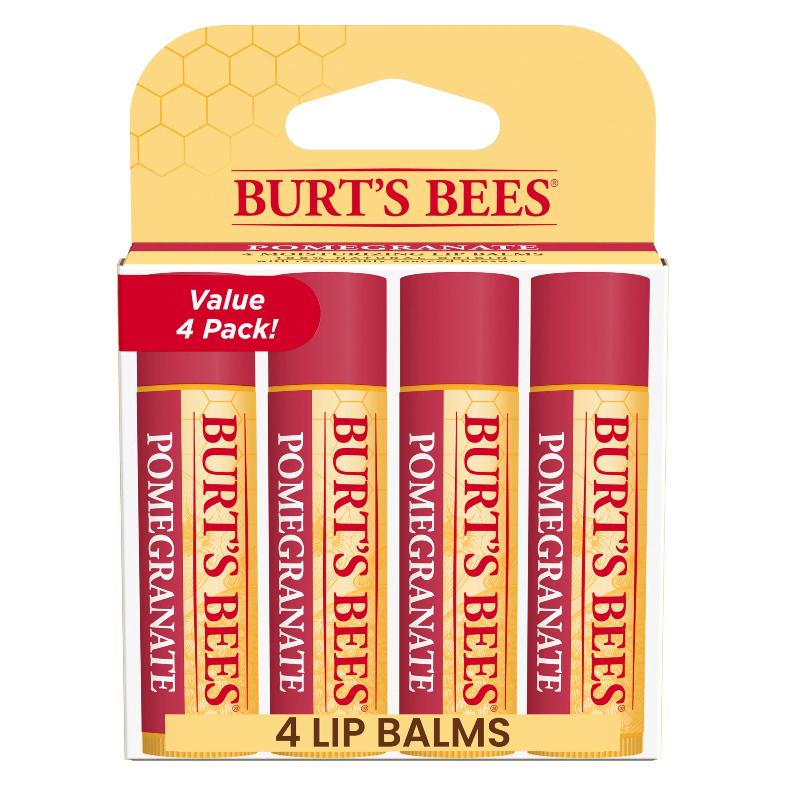 Lip Balm - Pomegranate, Lip Moisturizer With Responsibly Sourced Beeswax, Tint-Free, Natural Origin Conditioning Treatment, 4 Tubes, 0.15 oz.