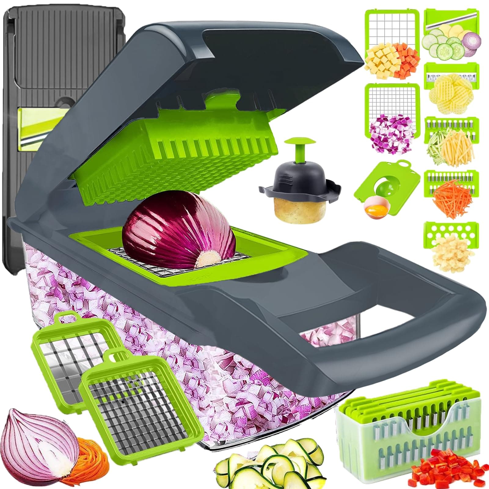 Vegetable Chopper Dicer with Container | Cheese Grater Mandoline Slicer Cabbage Shredder French Fry Cutter Stainless Steel for Veggie Onion Potato Fruit Food, Manual Hand Cooking Gadget for Kitchen