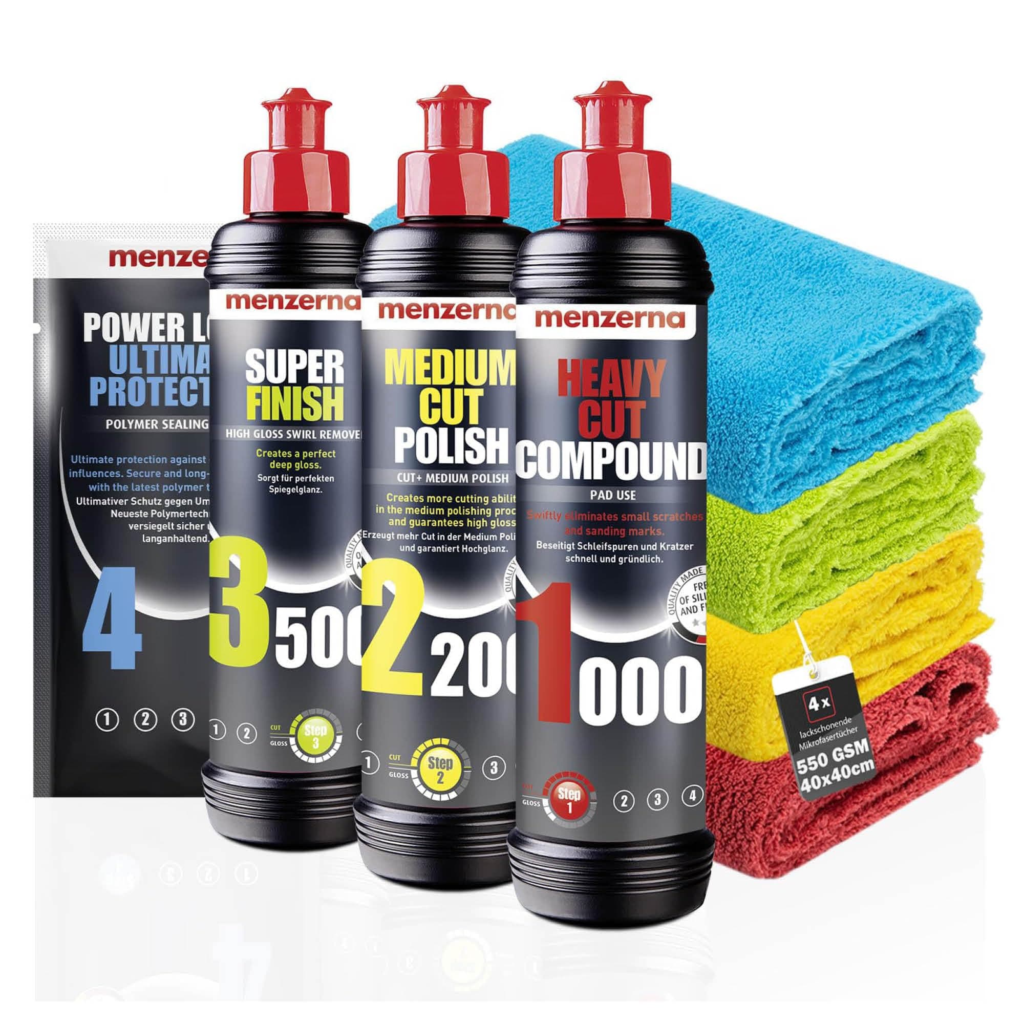 Menzerna Car Polish Set: Menzerna Heavy Cut Compound 1000 + Medium Cut Compound 2200 + Super Finish 3500 + Ceramic Spray Sealant Protection 100ml + 4x Microfibre Cloths 40 x 40 cm