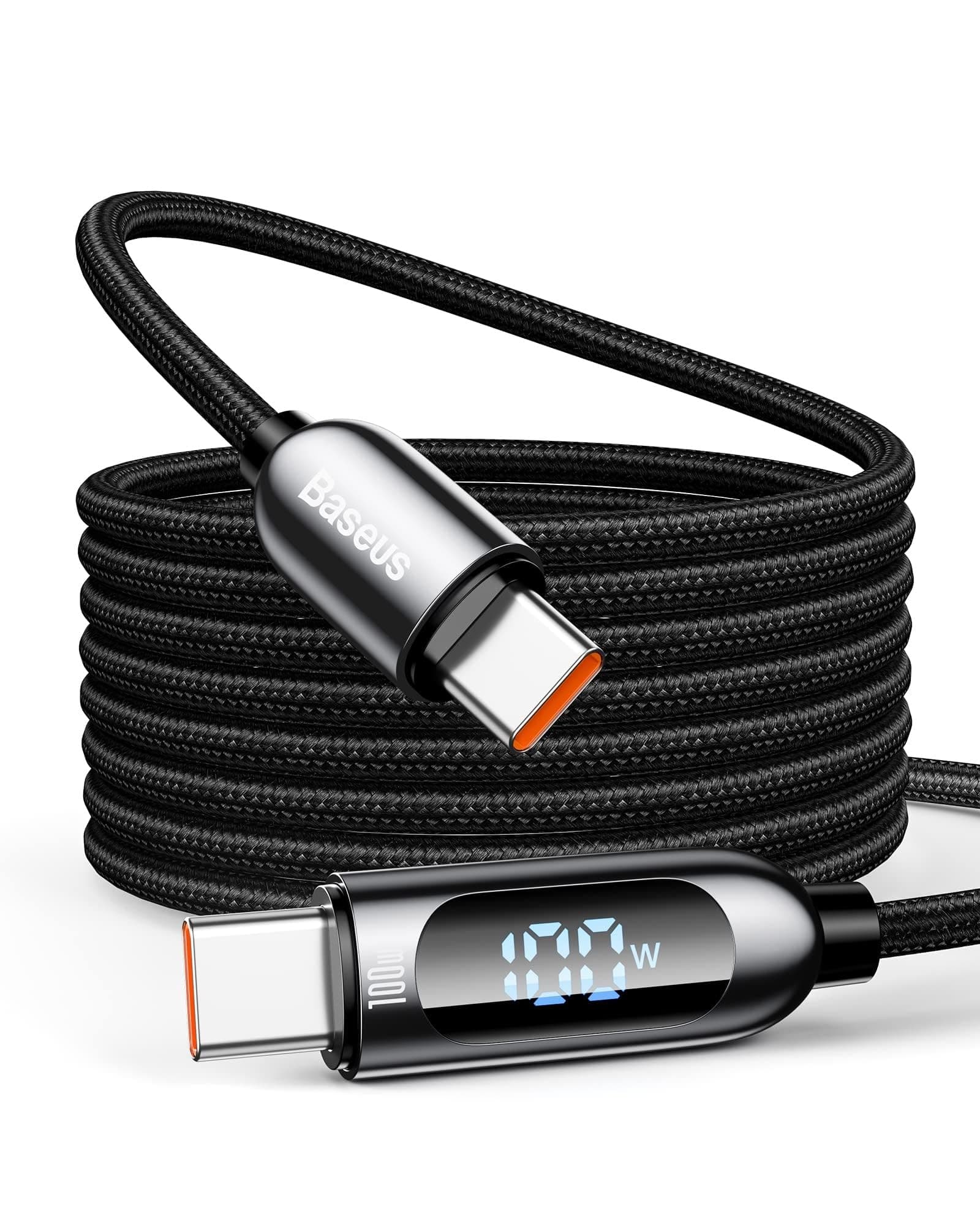 BaseusLED Display 100W PD 5A Type C Cable, Nylon Braided High-Speed 480Mbps Data Transfer Cable for iPhone 15 Pro Max, MacBook Pro/Air, iPad Pro/Air, Samsung S24 Ultra & More (2M)