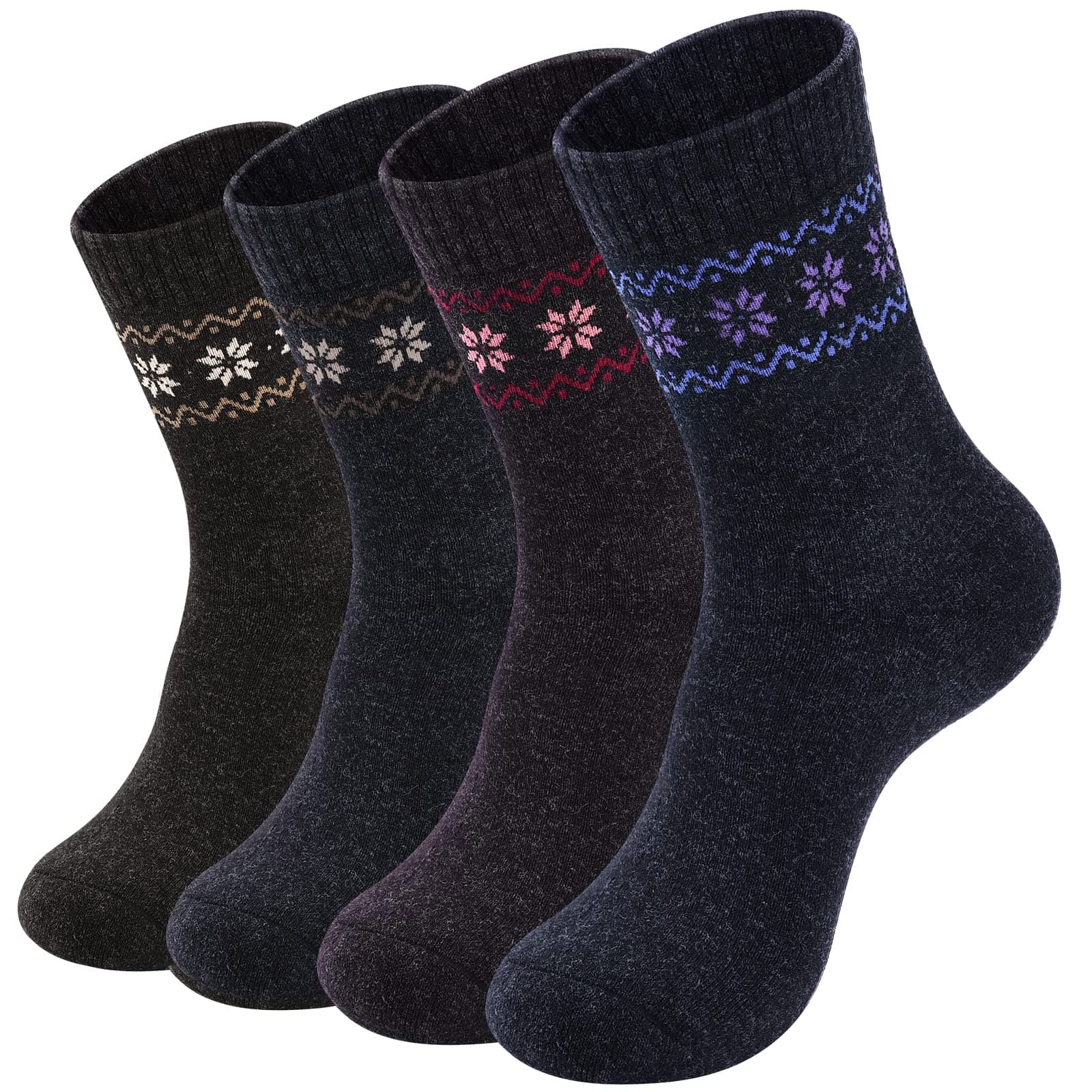 Pack of 4 Womens Merino Wool Socks Winter Hiking Socks Knit Outdoor Recreation Warm Soft and Comfortable Size 5 to 9