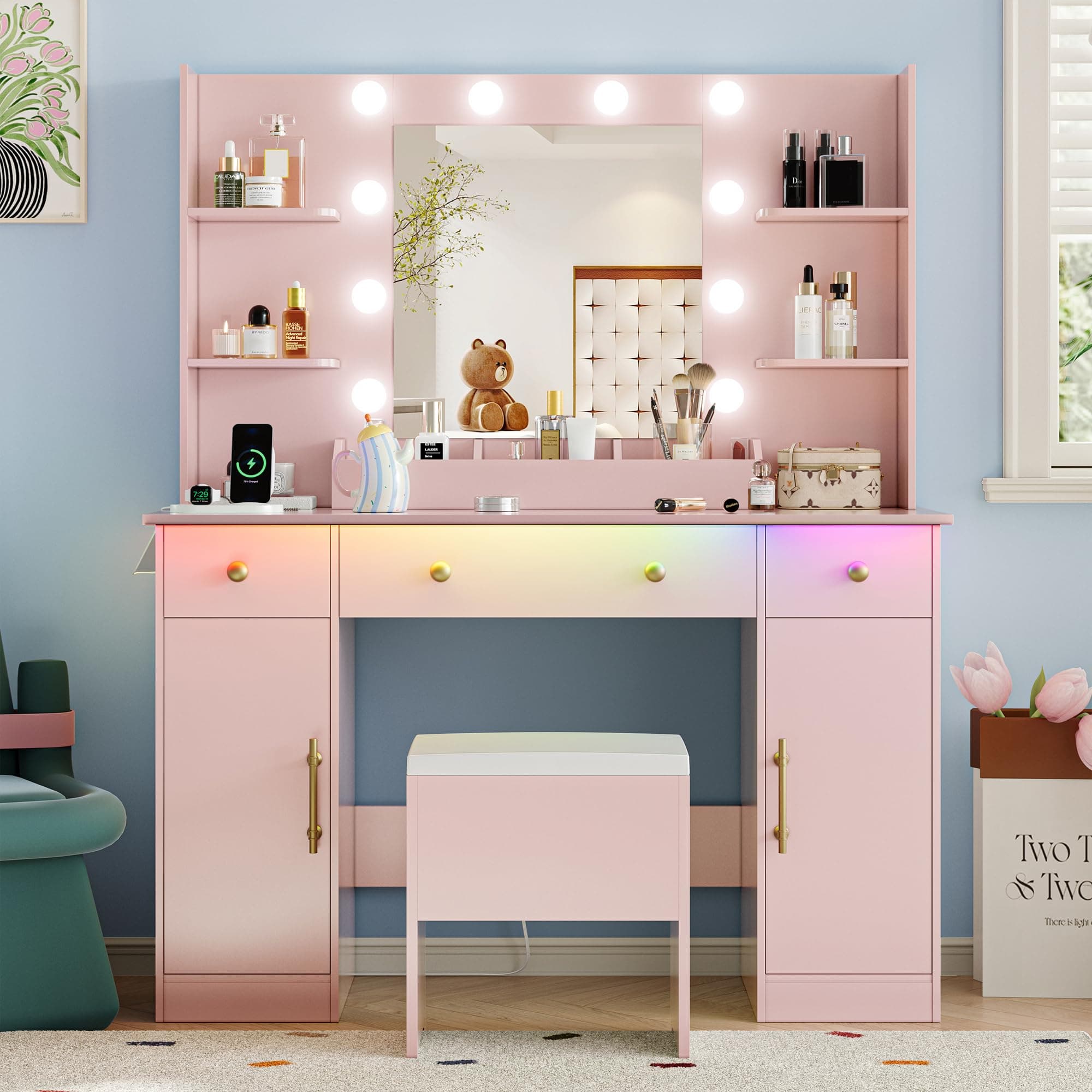 Vanity Desk with Mirror and Lights, 43'' Makeup Dressing Table Set with 5 Drawers & Chair, Power Outlet, 3 Lighting Modes Adjustable Brightness & RGB LED for Women Girls Bedroom Bathroom, Pink